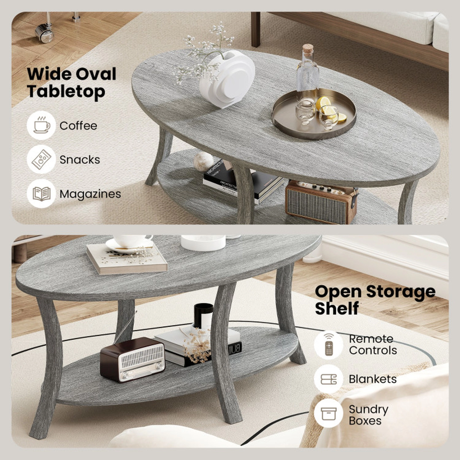 SUGIFT 44-in Oval 2-Tier 200-lb Capacity Gray Rubber Wood Coffee Table with Open Storage Shelf and Splayed Legs