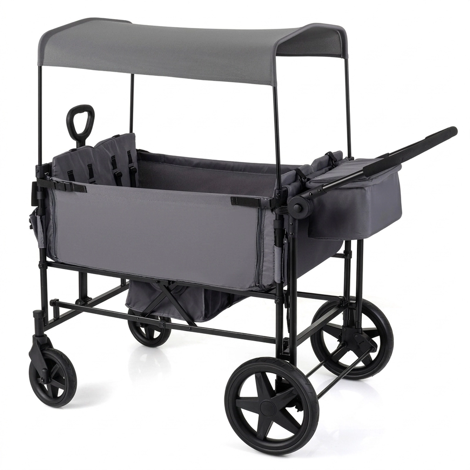 SUGIFT Foldable 4-Seater Wagon Stroller with Removable Canopy and Adjustable Push Handle 160-lb Capacity Black/Gray