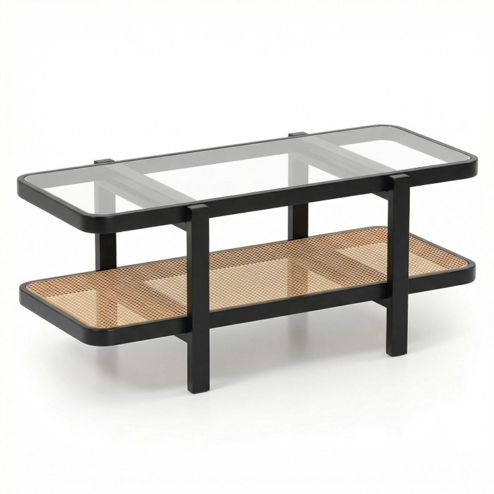 SUGIFT 47.5-in 2-Tier 180-lb Capacity Acacia Wood Coffee Table with Tempered Glass Top and PE Rattan Shelf