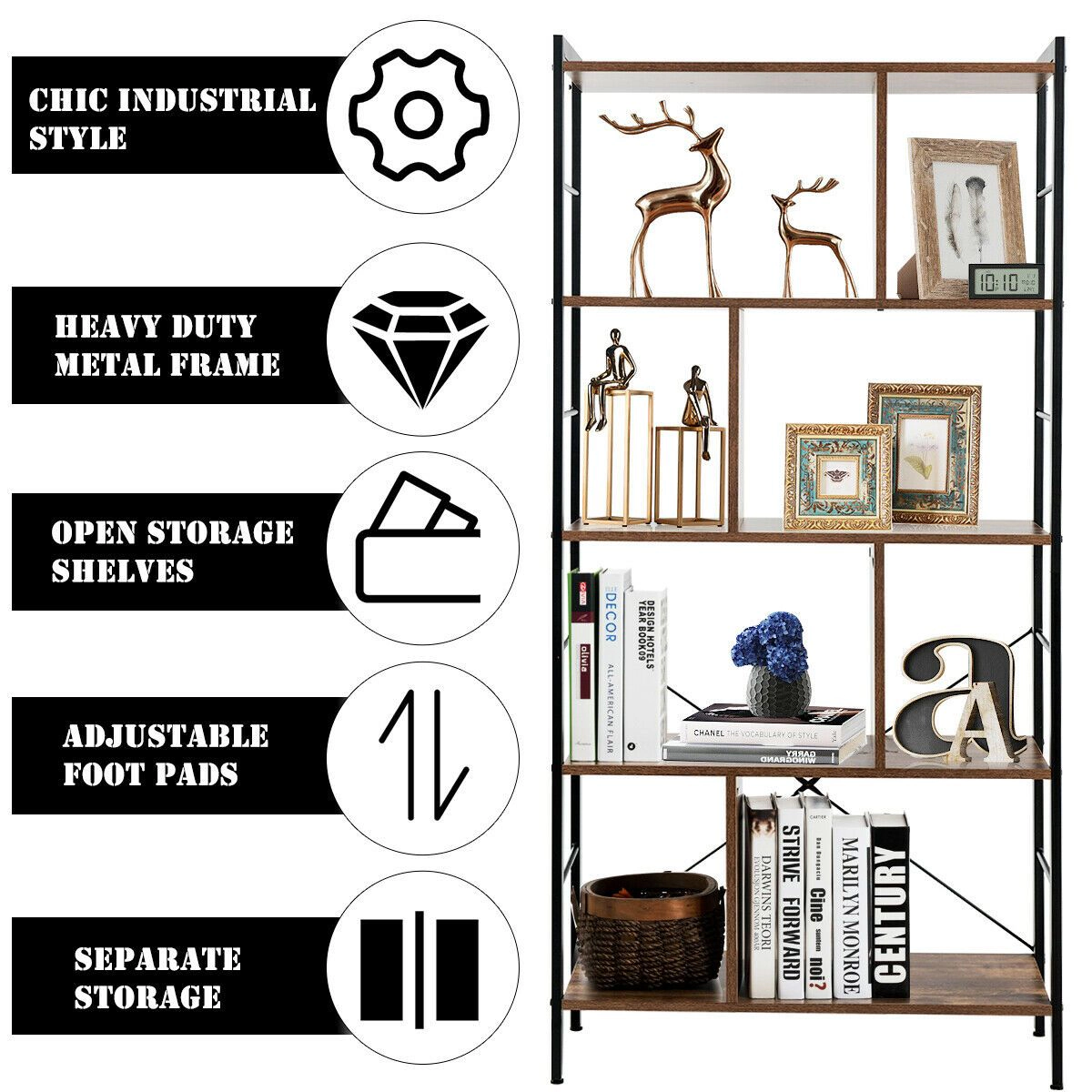 SlickBlue Modern 4-Tier Bookshelf with Metal Frame and Dividers