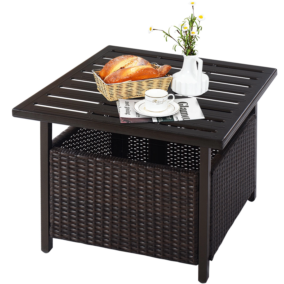 SUGIFT 22 in Square Patio Side Table Brown Rattan Wicker with Steel Frame and Umbrella Hole