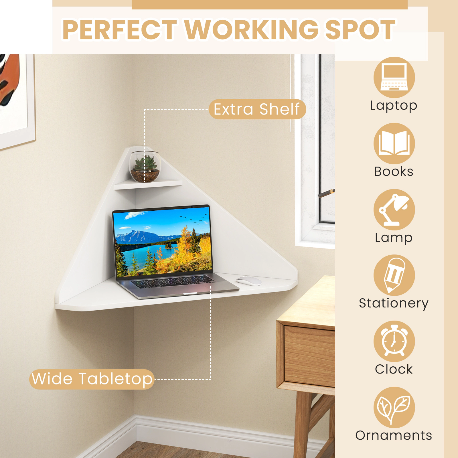 SUGIFT White Triangular Corner Floating Desk with Lower Shelf