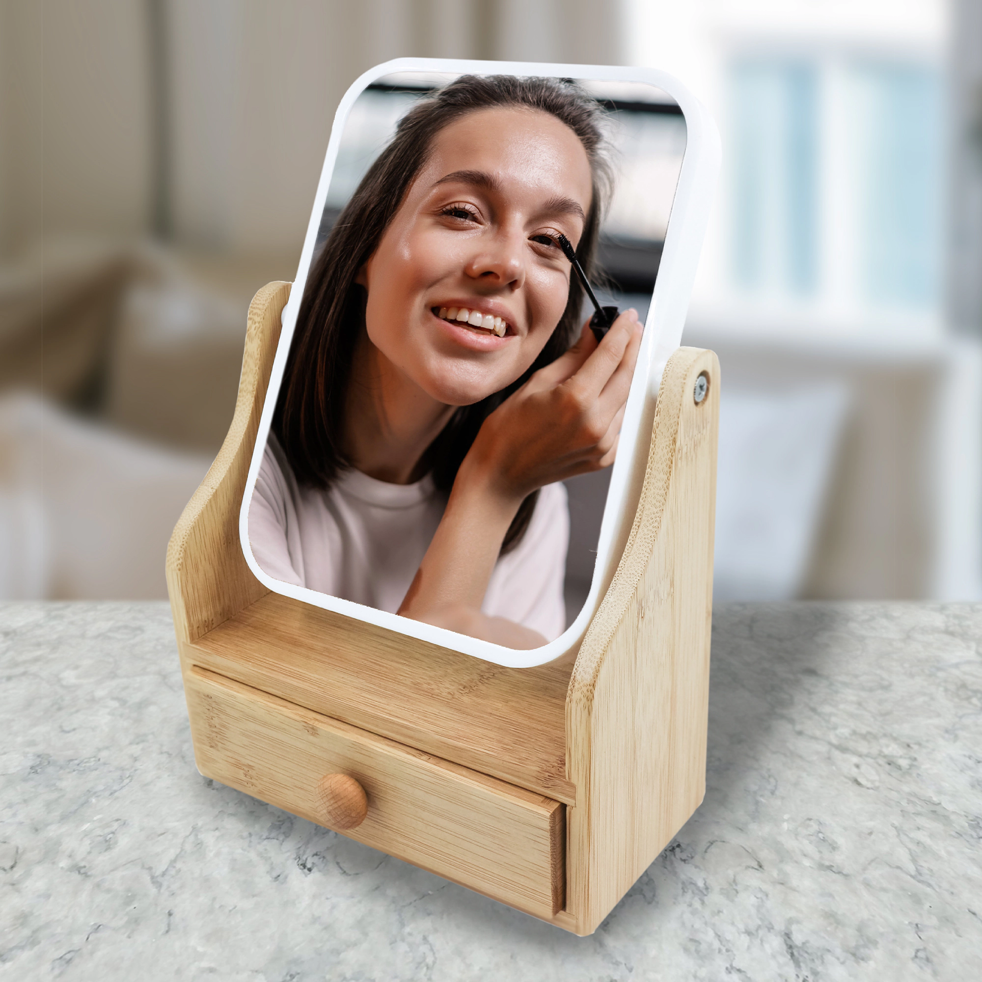 Pursonic Women's Dual-Sided Vanity Mirror with 1X & 3X Magnification, 360° Swivel Design & Bamboo Drawer Base for Makeup and Grooming