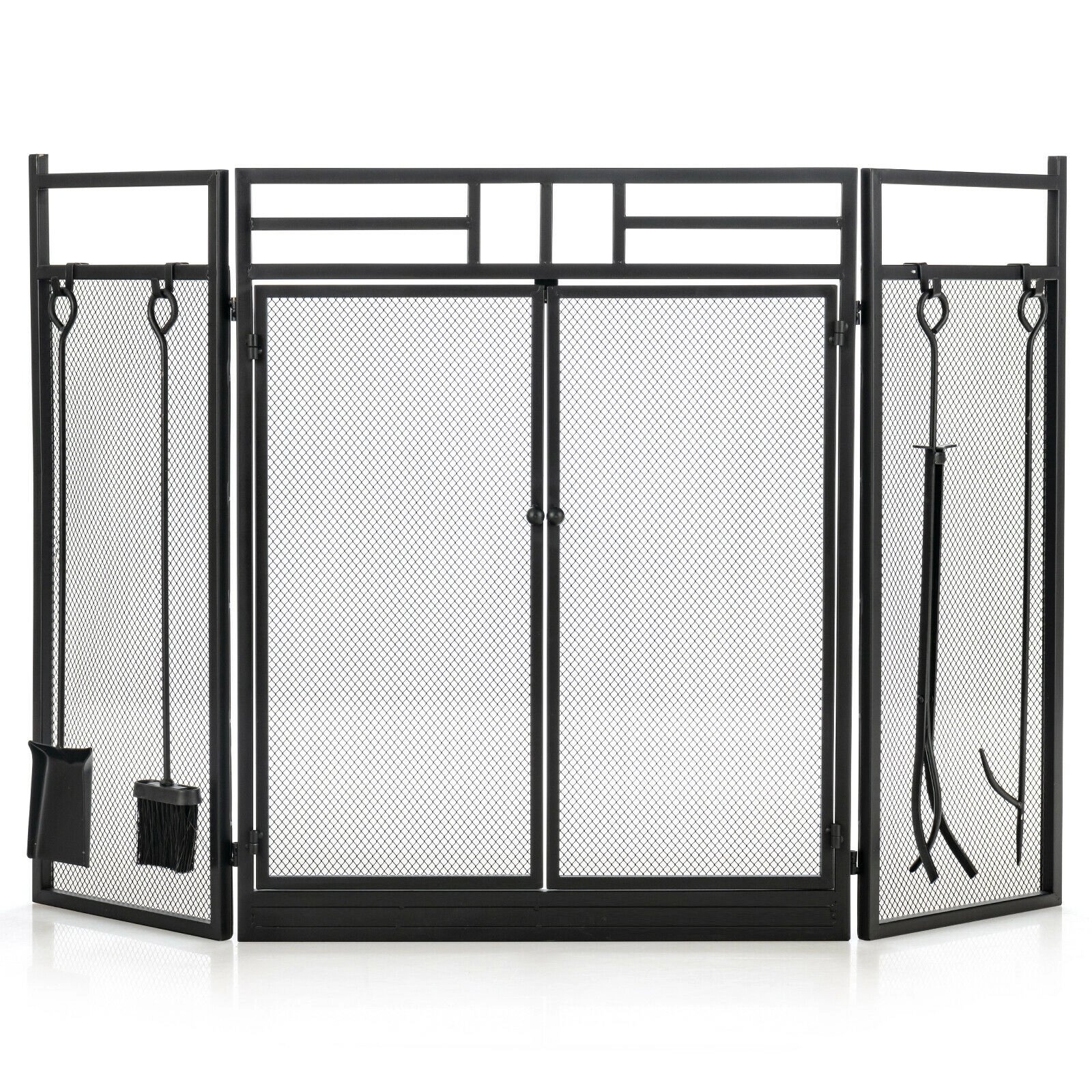 SUGIFT 48.5-in 3-Panel Folding Wrought Iron Fireplace Screen with 4-Piece Fire Tool Set in Black
