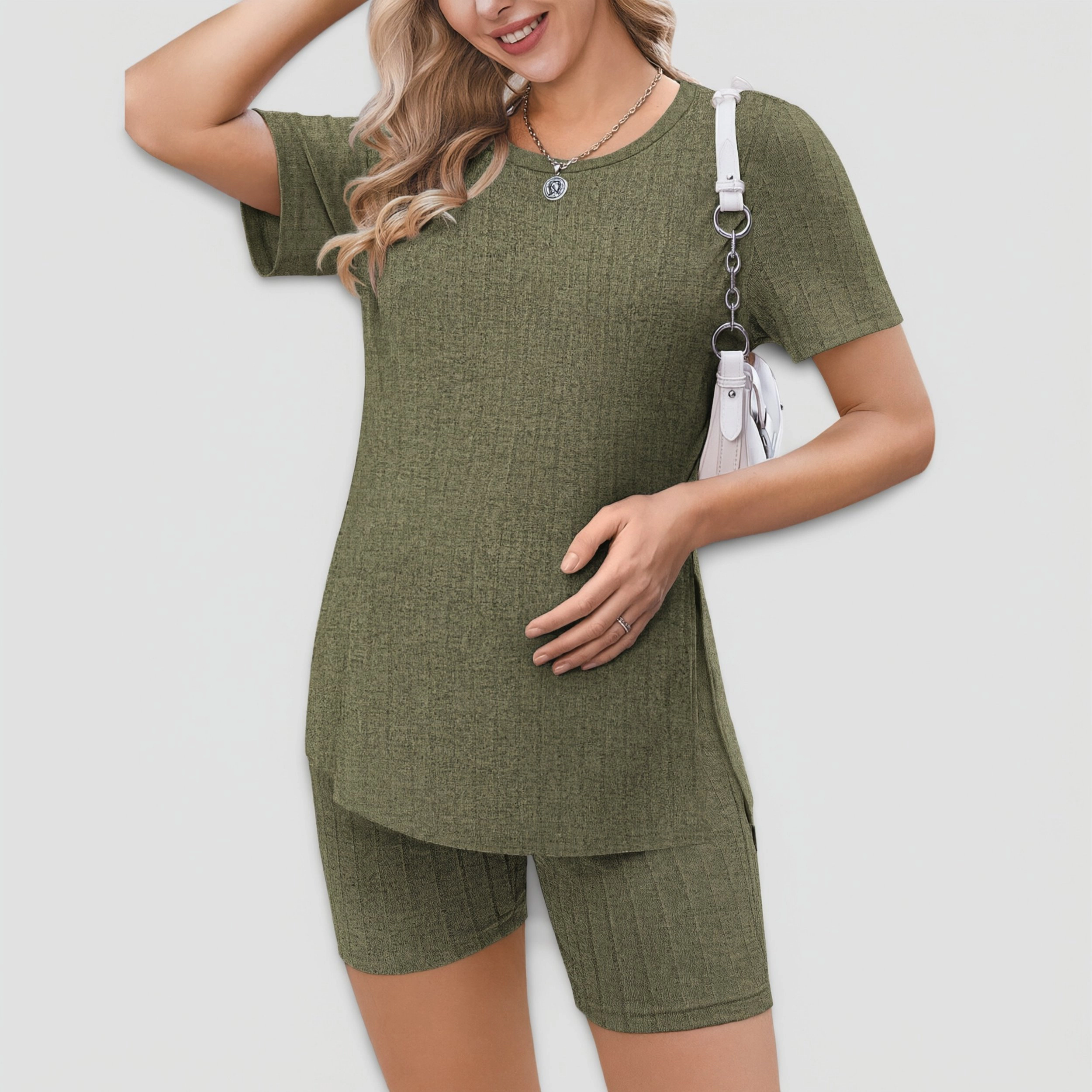 Ekouaer Women's 2 Piece Ribbed Knit Maternity Shirt & Biker Shorts Set