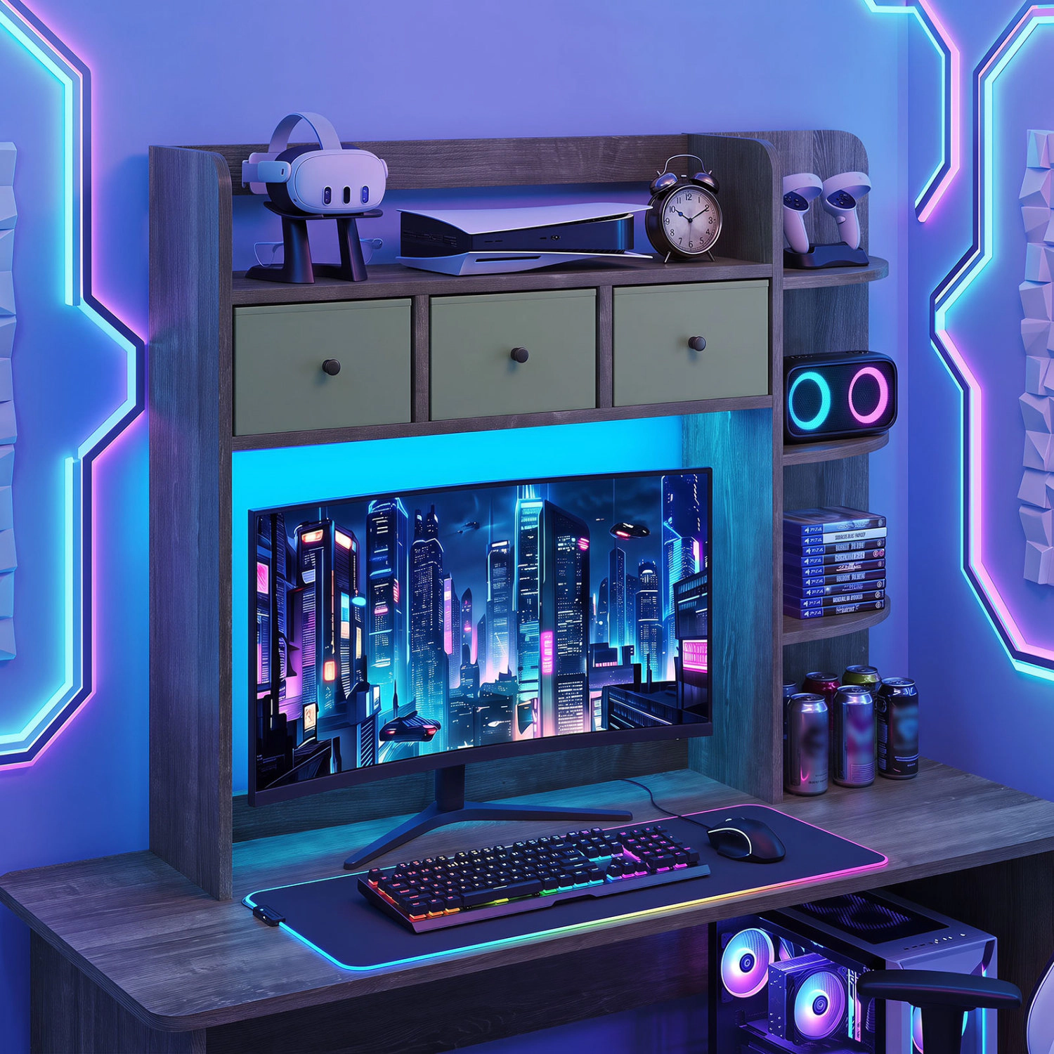 LJG Desktop Bookshelf with LED Lights 5-Tier Shelves and 3 Drawers for Home Officce