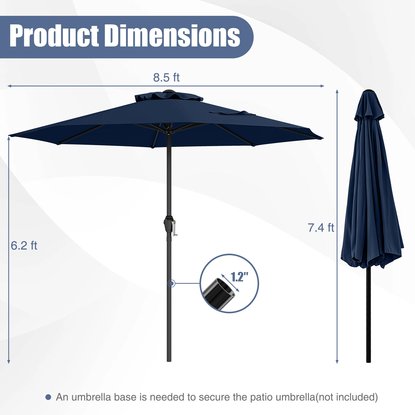 SUGIFT 8.5-ft Navy Blue Market Patio Umbrella, Crank Lift, 8 Ribs, Vented Canopy