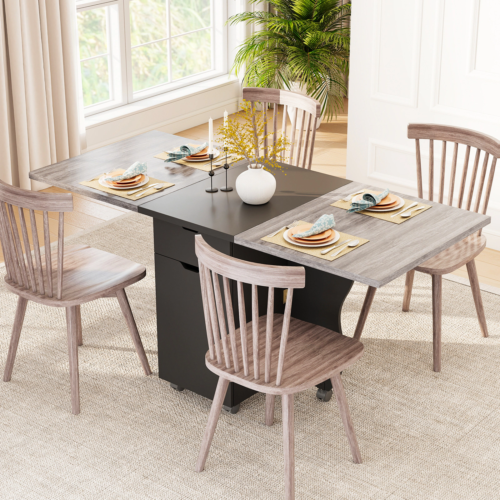 LJG Folding Dining Table 3-in-1 Space-Saving Drop Leaf Kitchen with Lockable Wheels