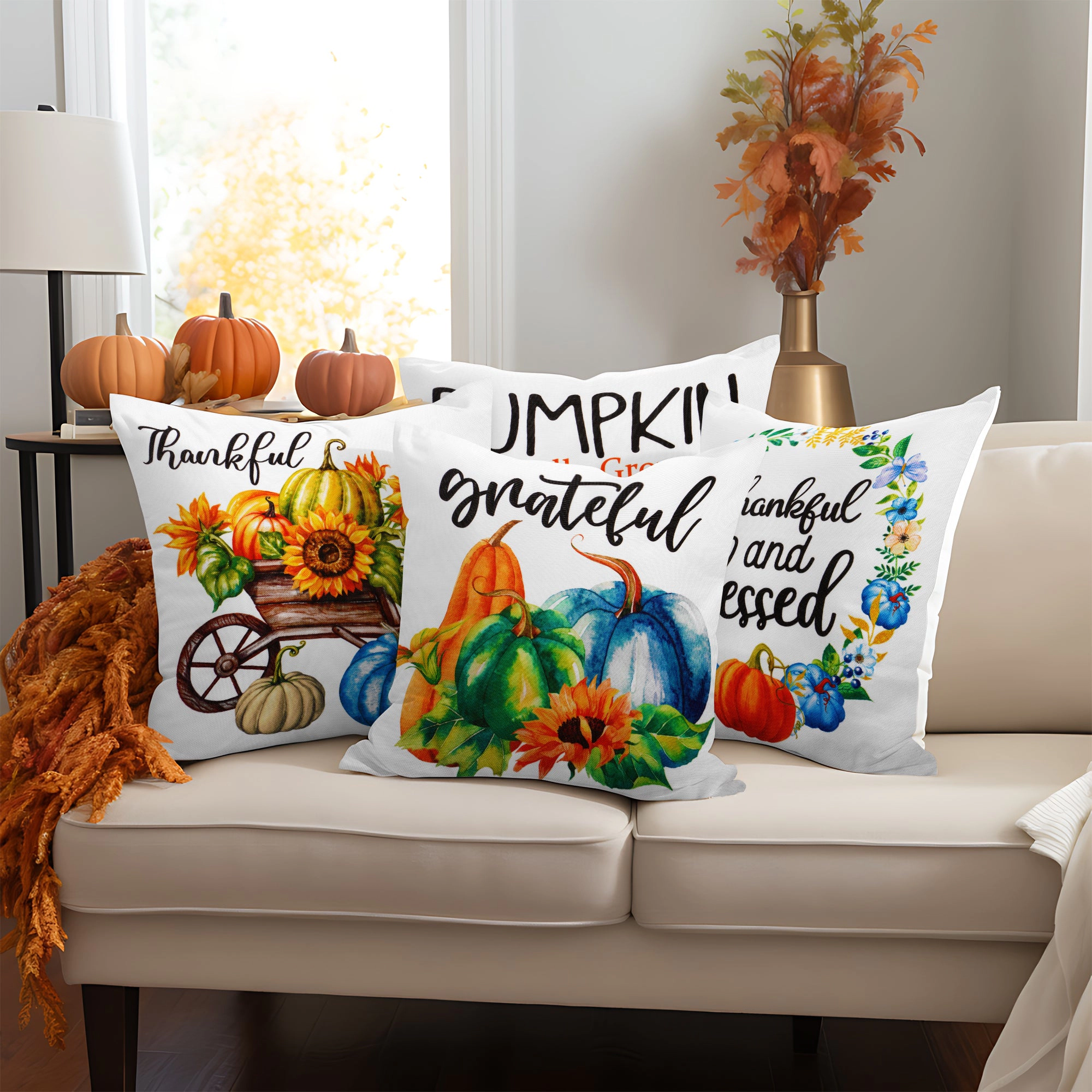 G128 Seasonal Pumpkin Thankful Decorative Throw Pillow Covers