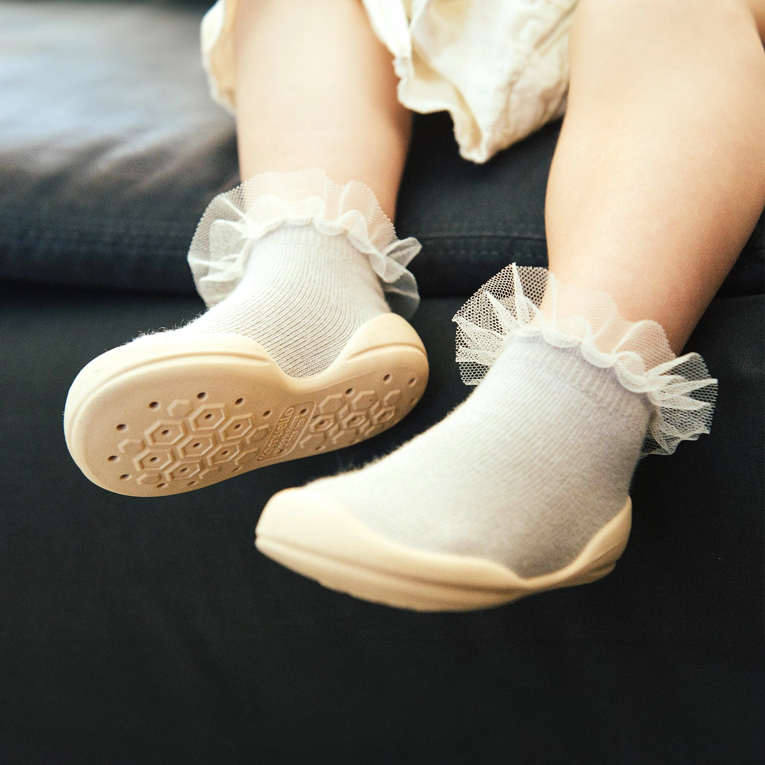 Komuello Toddler Girl First Walk Sock Shoes Lace Trim - Tull Beige