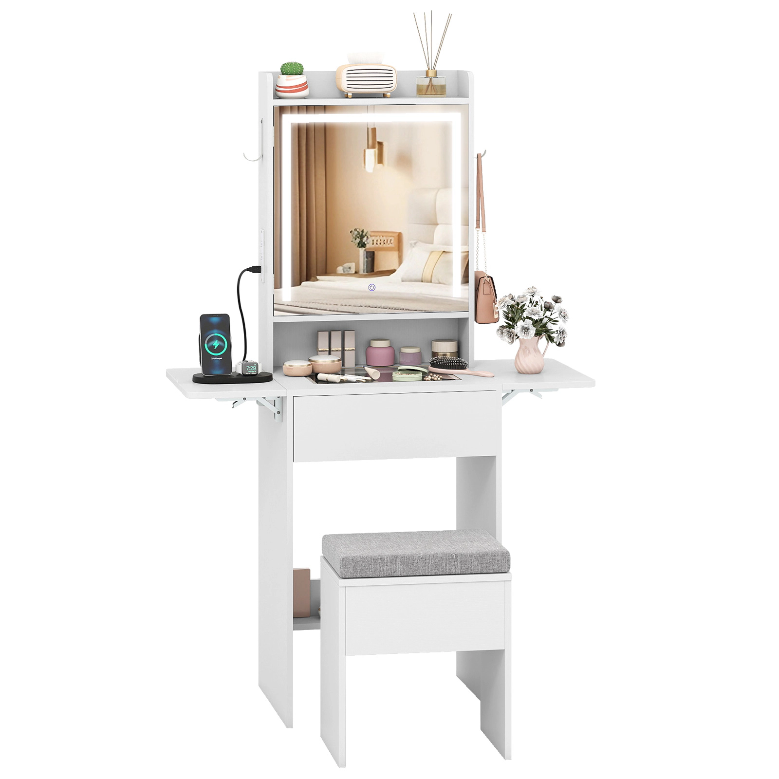SUGIFT Space-Saving Vanity Desk with Drop-Leaf Top Expanding to 37-in Hidden Mirror Cabinet and Outlets