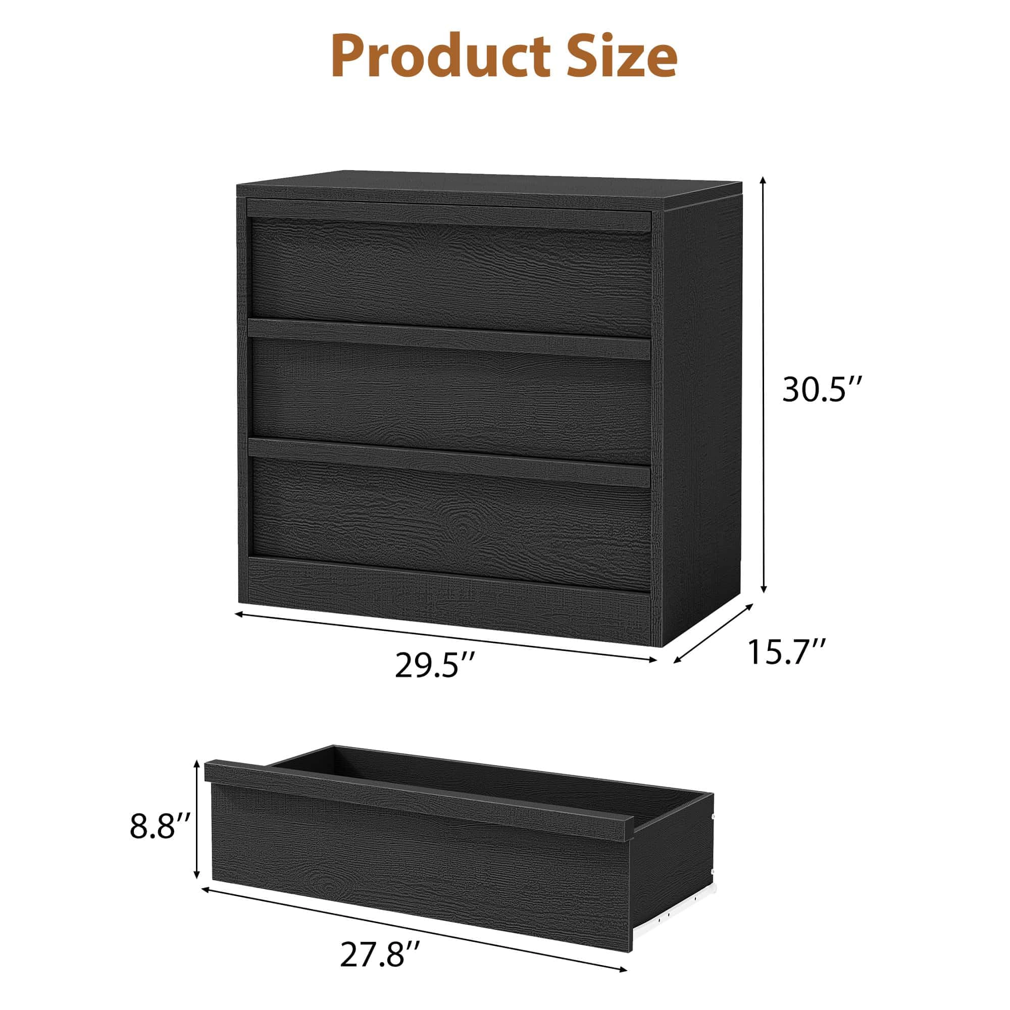 3 Drawer Dresser, Freestanding MDF Chest of Drawers with Storage Top and Anti-Tip Hardware for Bedroom