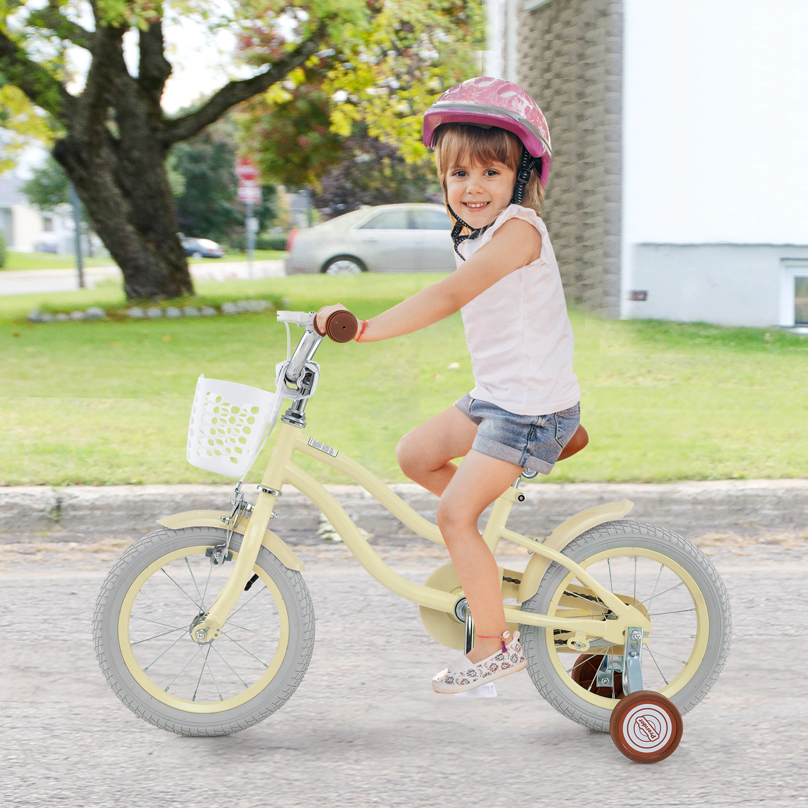 14-in Kids Bike Removable Storage Basket Training Wheels Adjustable Handlebar and Seat Pneumatic Tires Ages 3-5 Beige