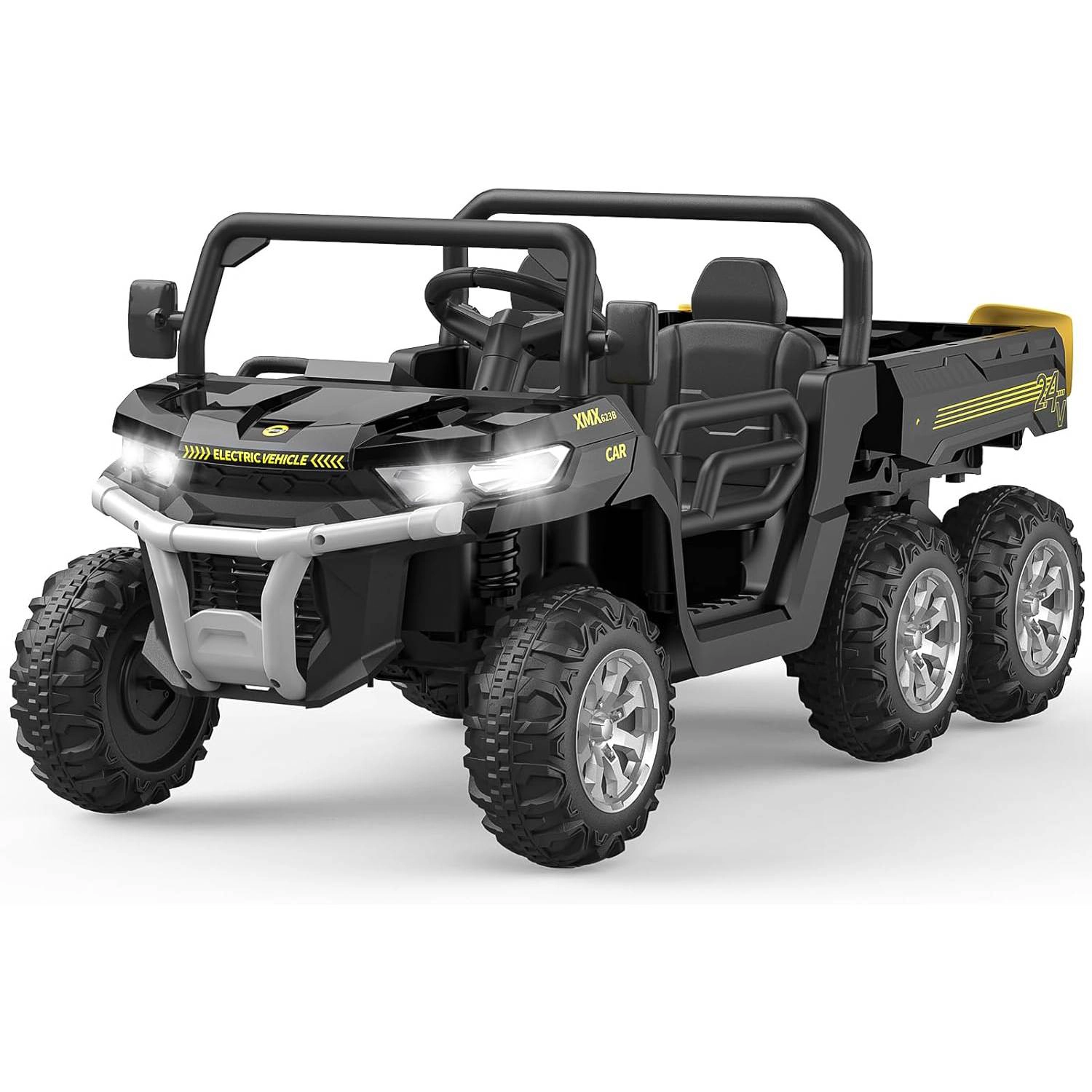 24V 4WD 6-Wheel 2-Seater Kids Ride-On Dump Truck, Remote Control, 4×75W Motors, LED Lights, Music, Functional Bed
