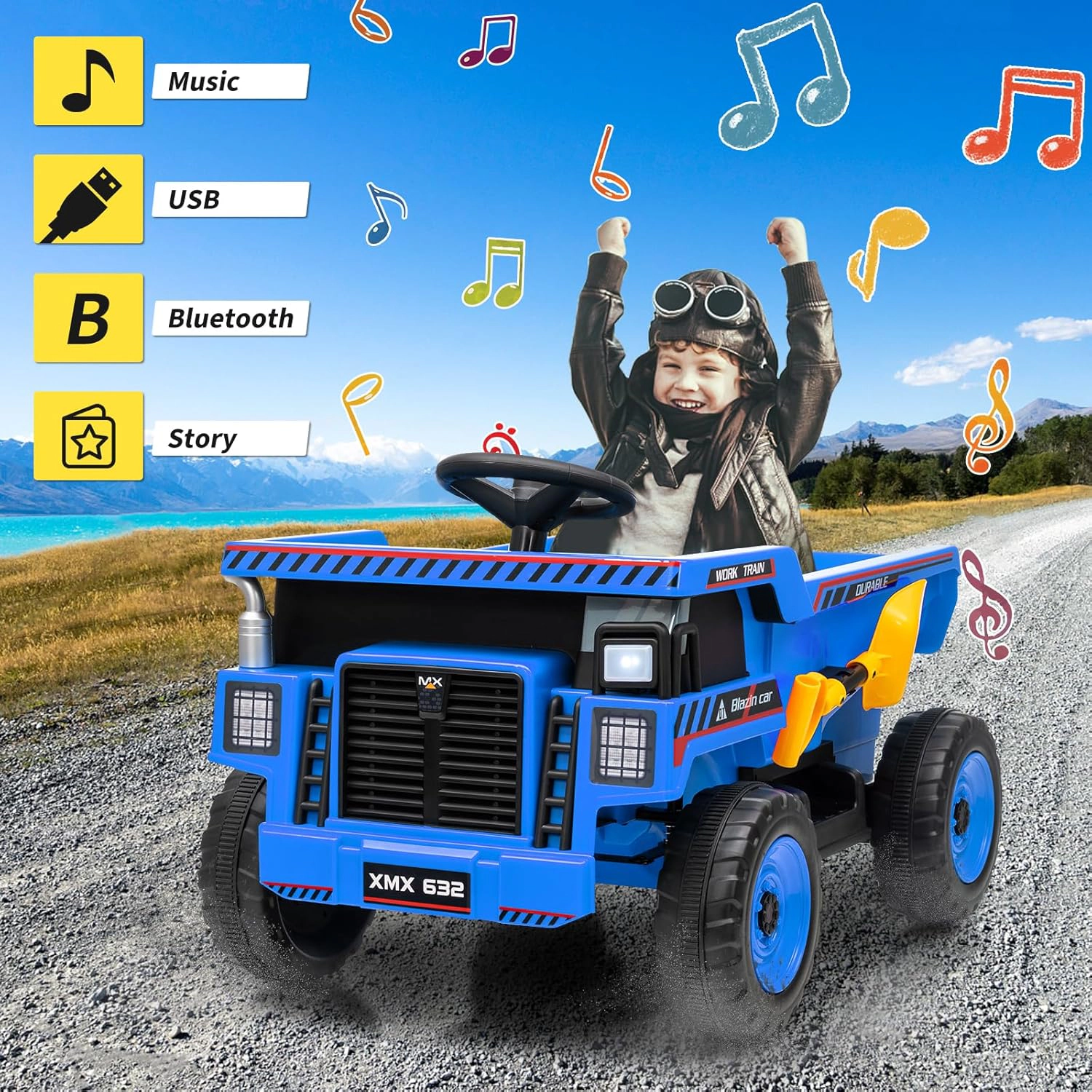 12V Kids Ride On Dump Truck, Electric Construction Vehicle with Remote Control, Bed,Suspension,LED Lights & Music