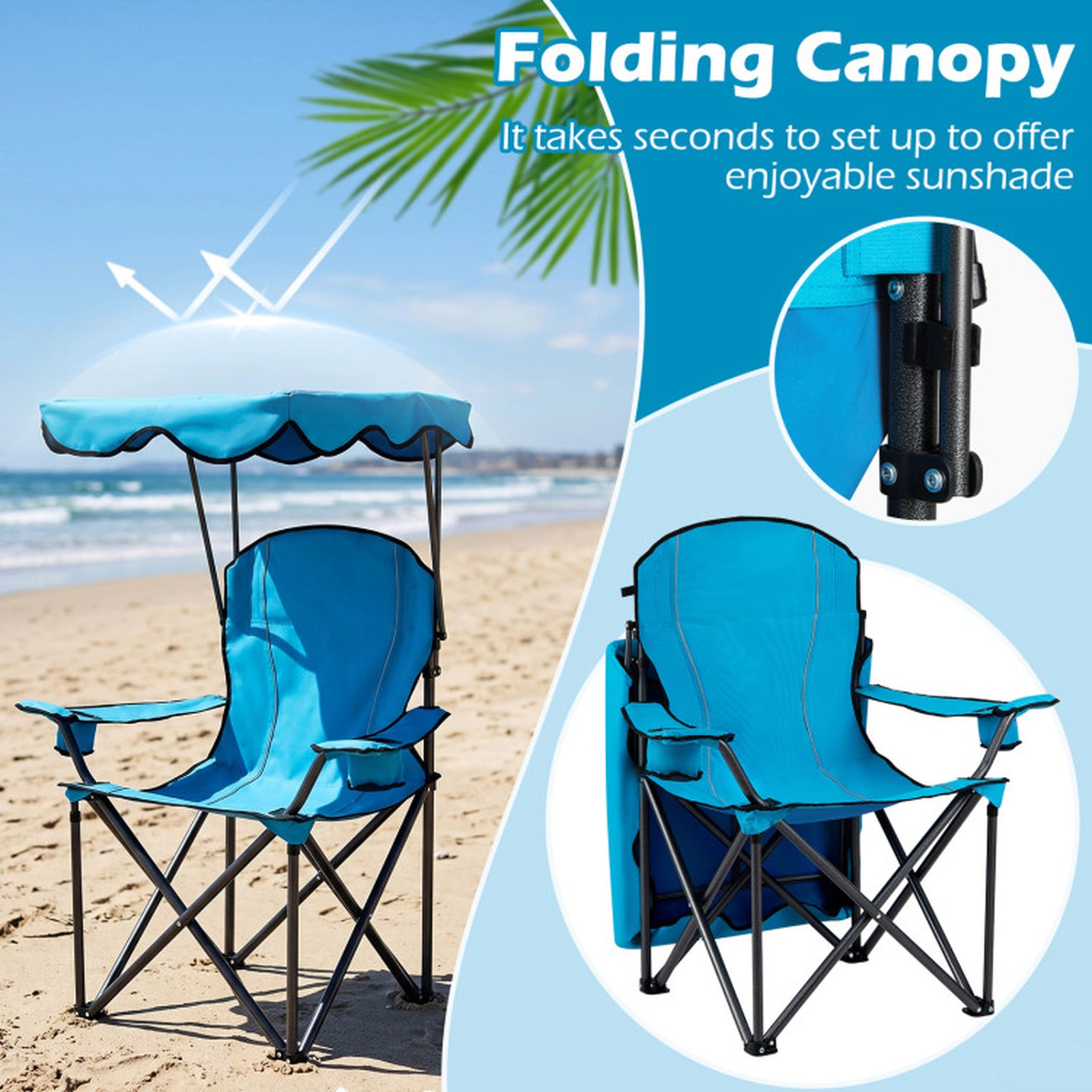 SUGIFT Light Blue Folding Beach Chair with Canopy and Cup Holders 38-in W 26.5-in D 51-in H 265-lb Seat Capacity