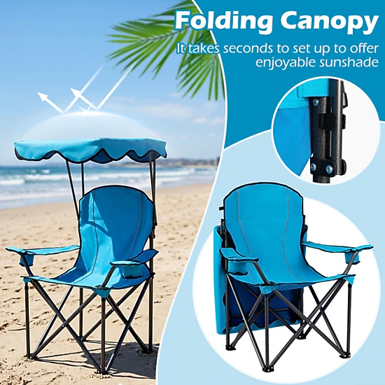 SUGIFT Light Blue Folding Beach Chair with Canopy and Cup Holders 38-in W 26.5-in D 51-in H 265-lb Seat Capacity