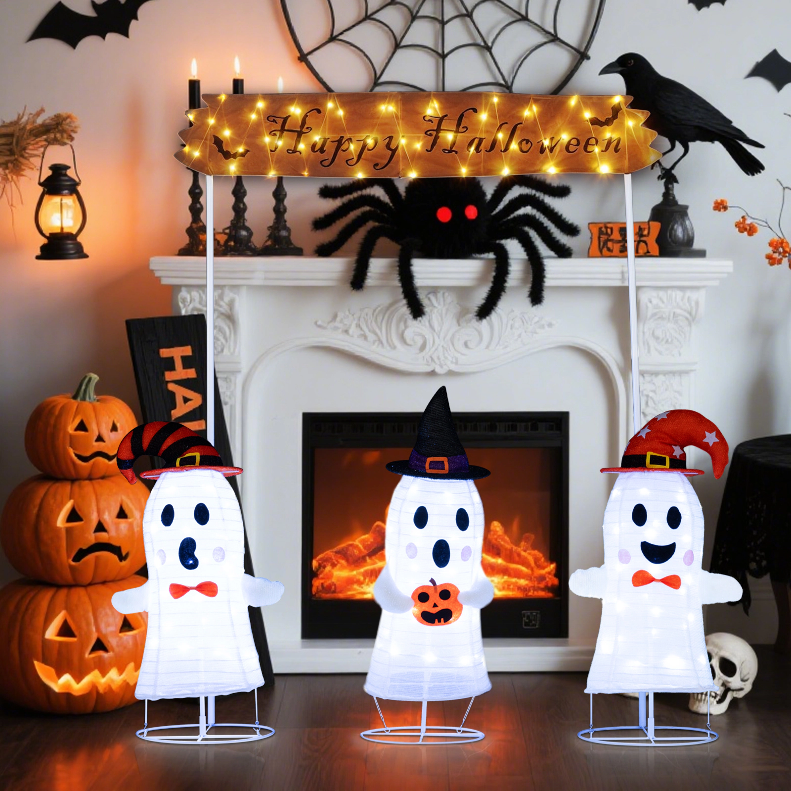 LJG 4 Pieces Halloween Decoration Pop up Ghosts with Gate and LED Lights