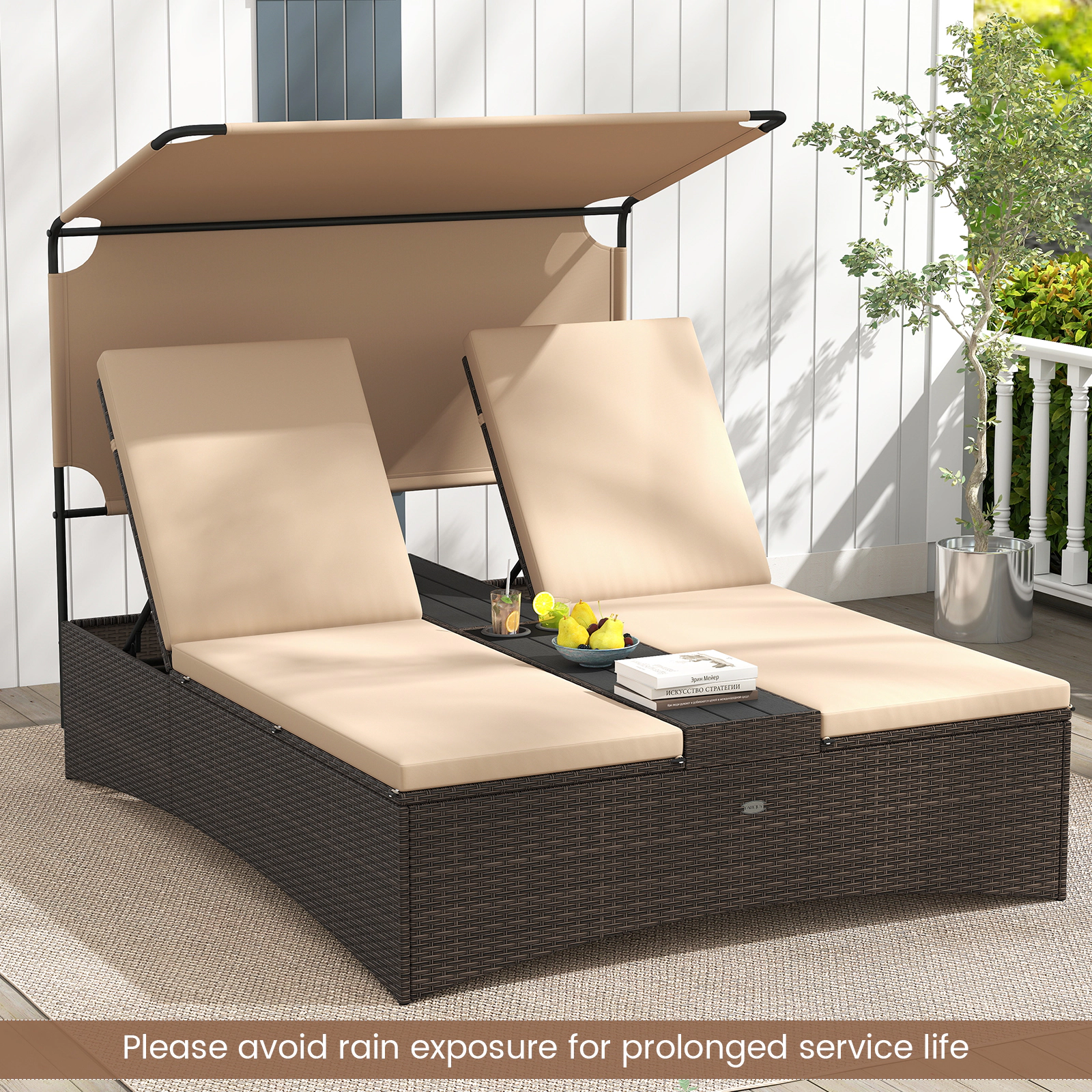 LJG Outdoor Daybed with Adjustable Backrests 2-Person PE Rattan Patio Bed