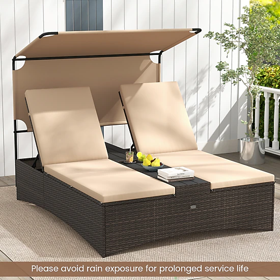 LJG Outdoor Daybed with Adjustable Backrests 2-Person PE Rattan Patio Bed