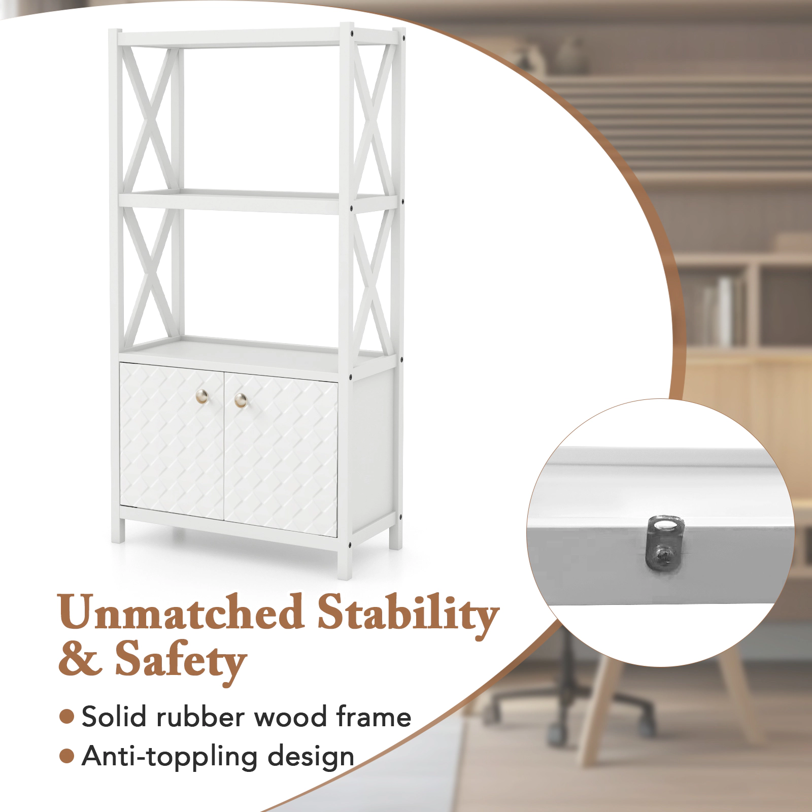 SUGIFT White 88-lb Capacity 47-in Tall Bathroom Storage Cabinet with Open Shelves Double Doors and X-Bars