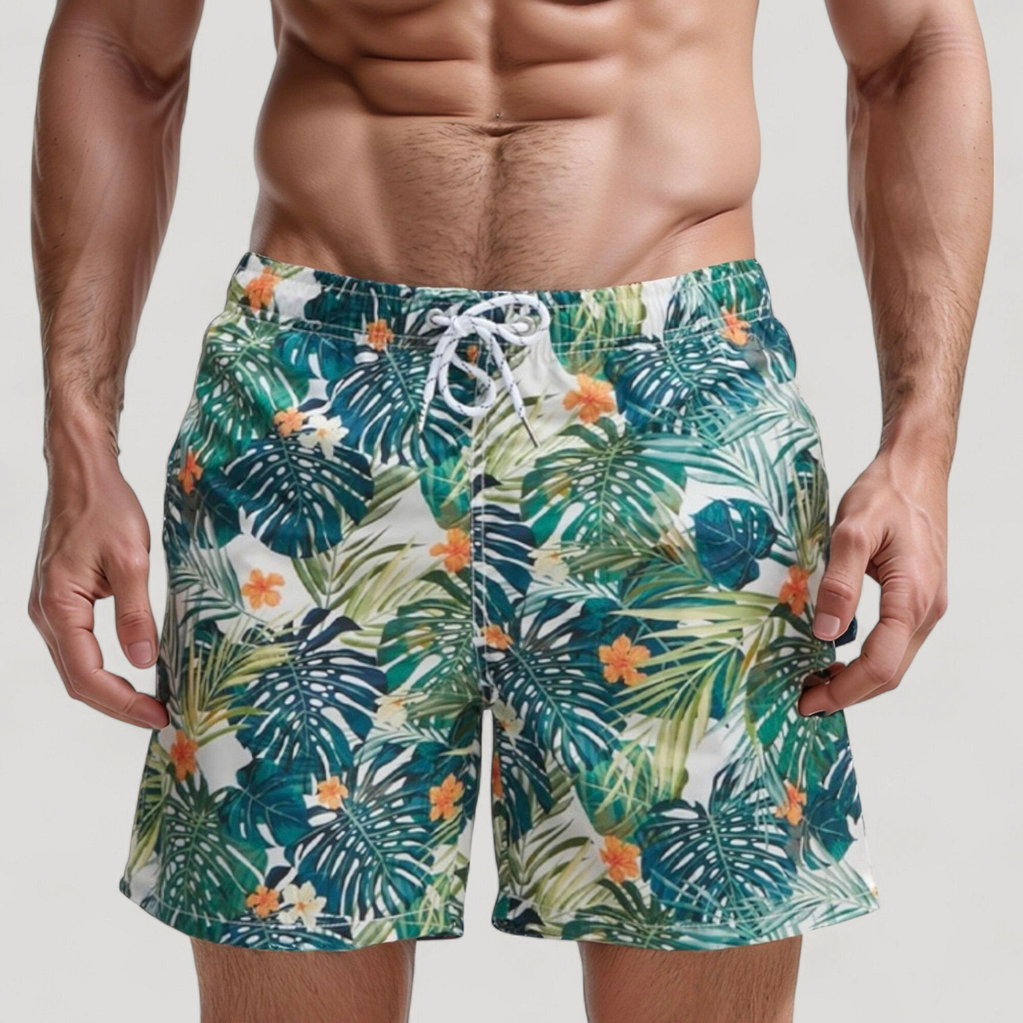 Anna-Kaci Men's Tropical Leaf and Floral Print Swim Trunks with Quick-Dry Fabric and Drawstring Waist