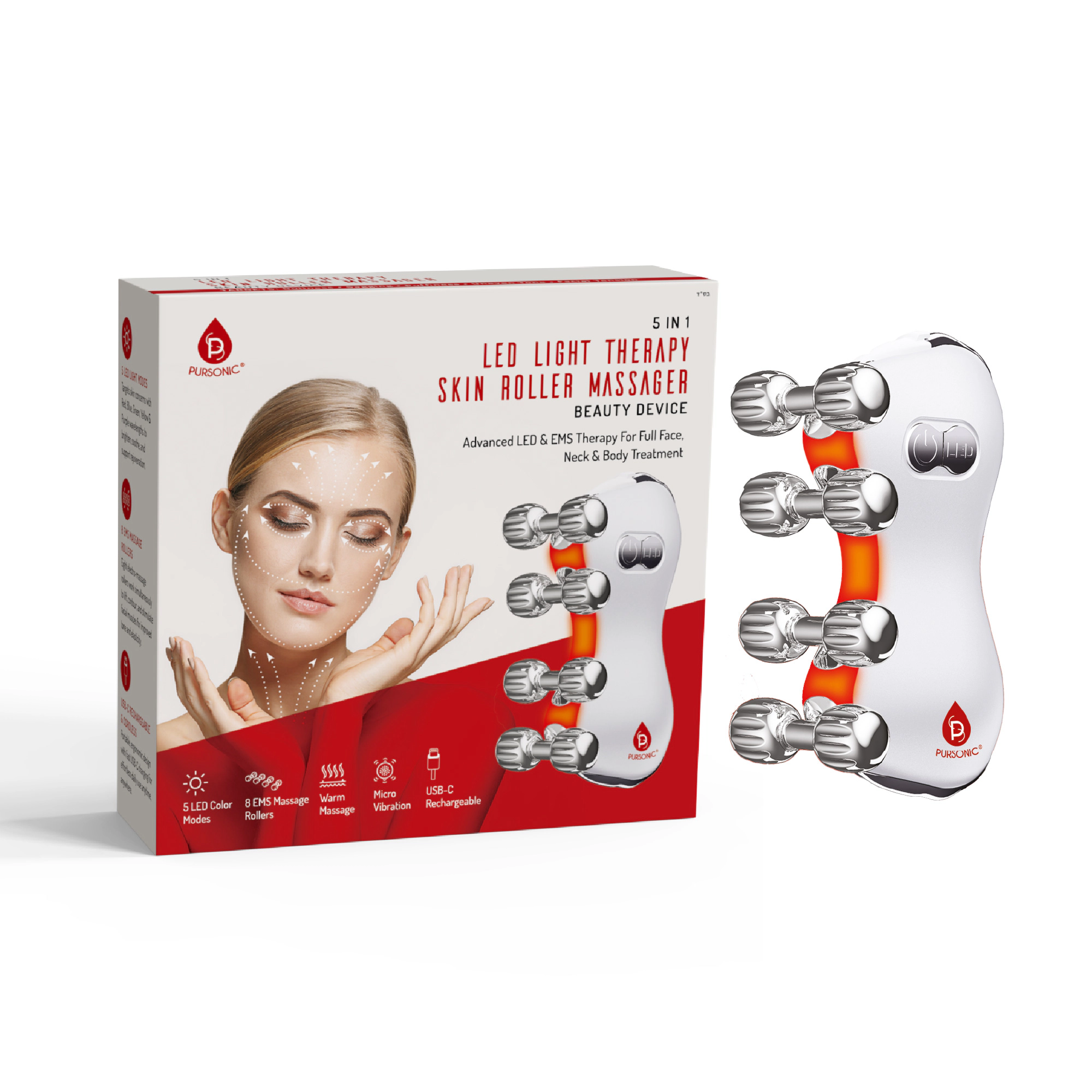 Pursonic Women’s LED Skincare Device: 5-in-1 LED Light Therapy Skin Roller Massager