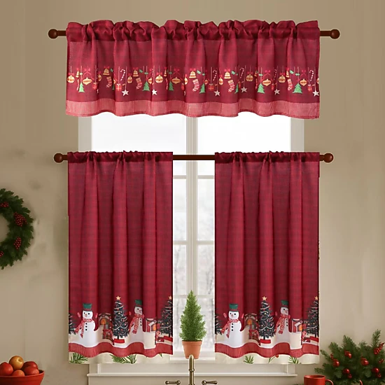 MarCielo 3 Piece Red Christmas Kitchen Curtains – Snowman Holiday Valance & Tiers