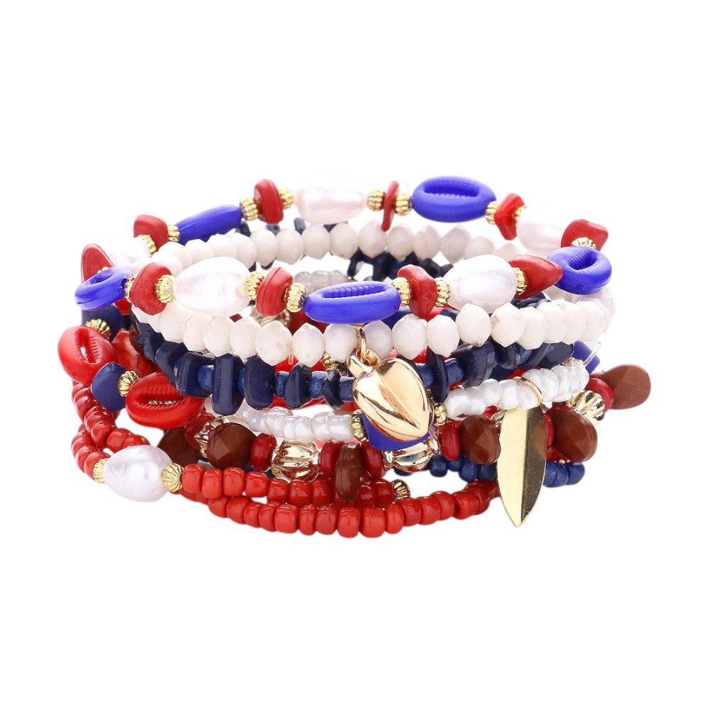 FASHNZFAB 9PCS - Metal Moon Sun Shell Charm Evil Eye Pointed Various Beads Beaded Stretch Multi Layered Bracelet - Multi