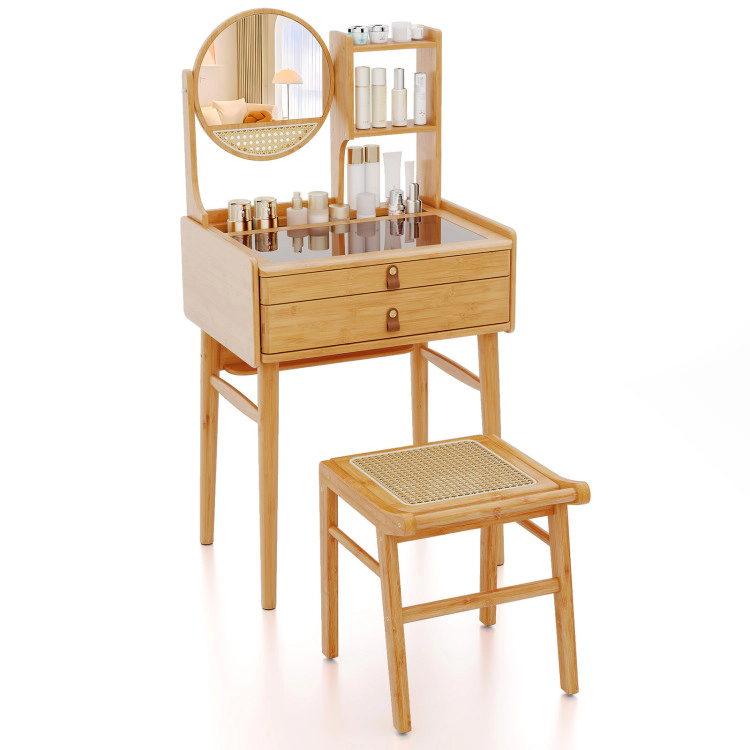 Hivvago Small Vanity Desk And Stool Set With Mirror And 2 Drawers