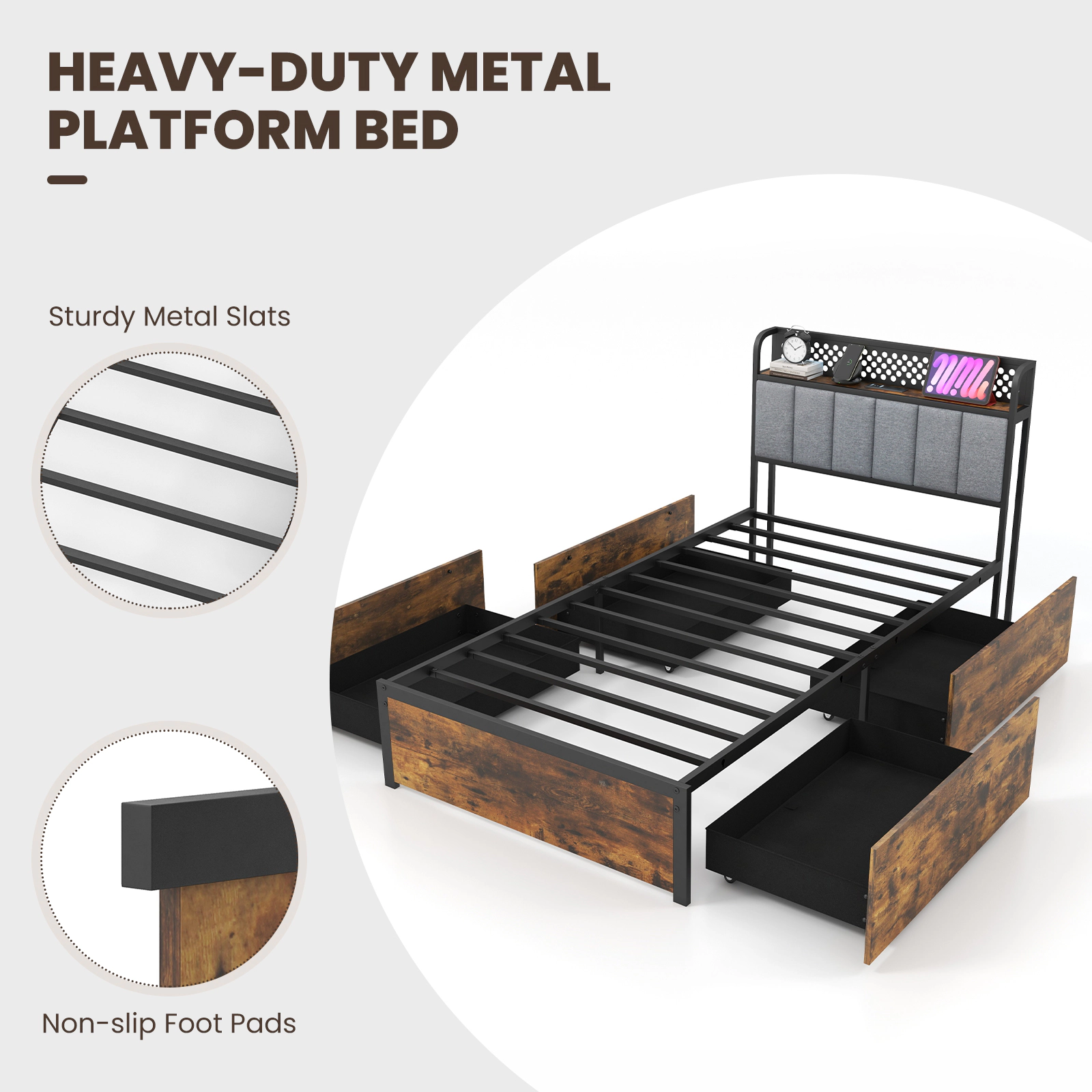 SUGIFT Twin Size 4-Drawer LED Storage Bed Frame with Upholstered Headboard and Power Outlets Rustic Brown