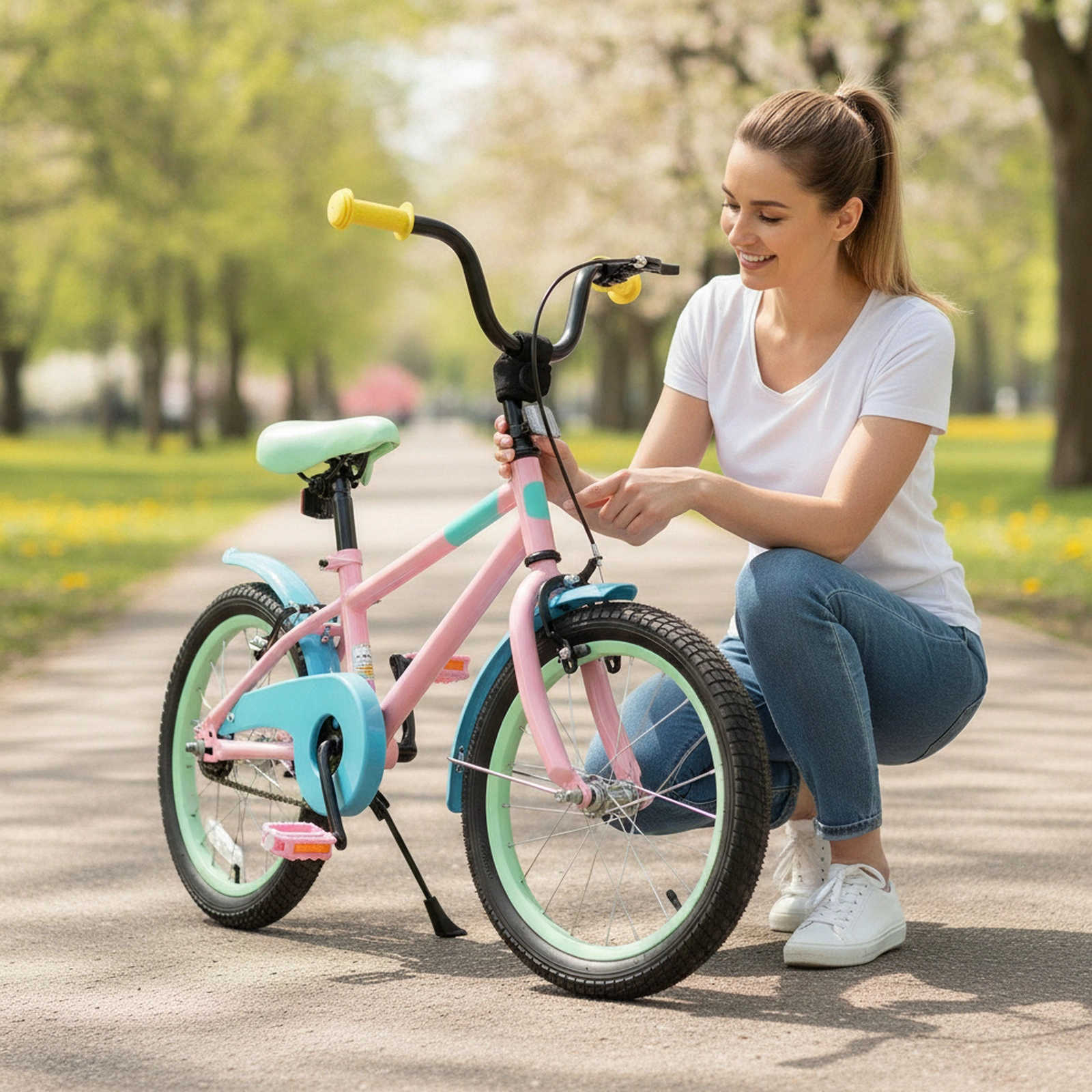 16-in Girls Bike Coaster Brake Hand Lever Removable Training Wheels Anti-Slip Grips Pedals Chain Guard Ages 4-7 Pink