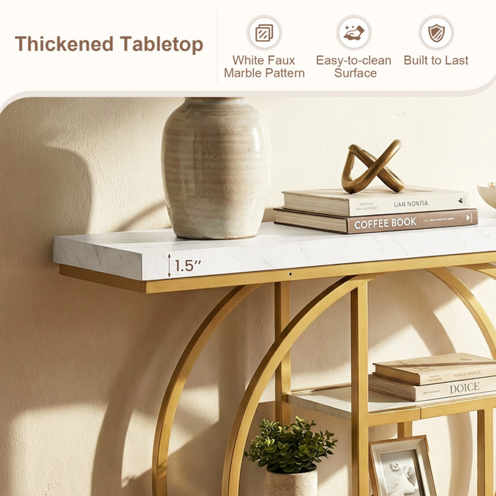 SUGIFT 4-Tier Faux Marble Top Gold O-Shaped Frame Entryway Console Table 41-in x 12-in x 31-in 110-lb Capacity White