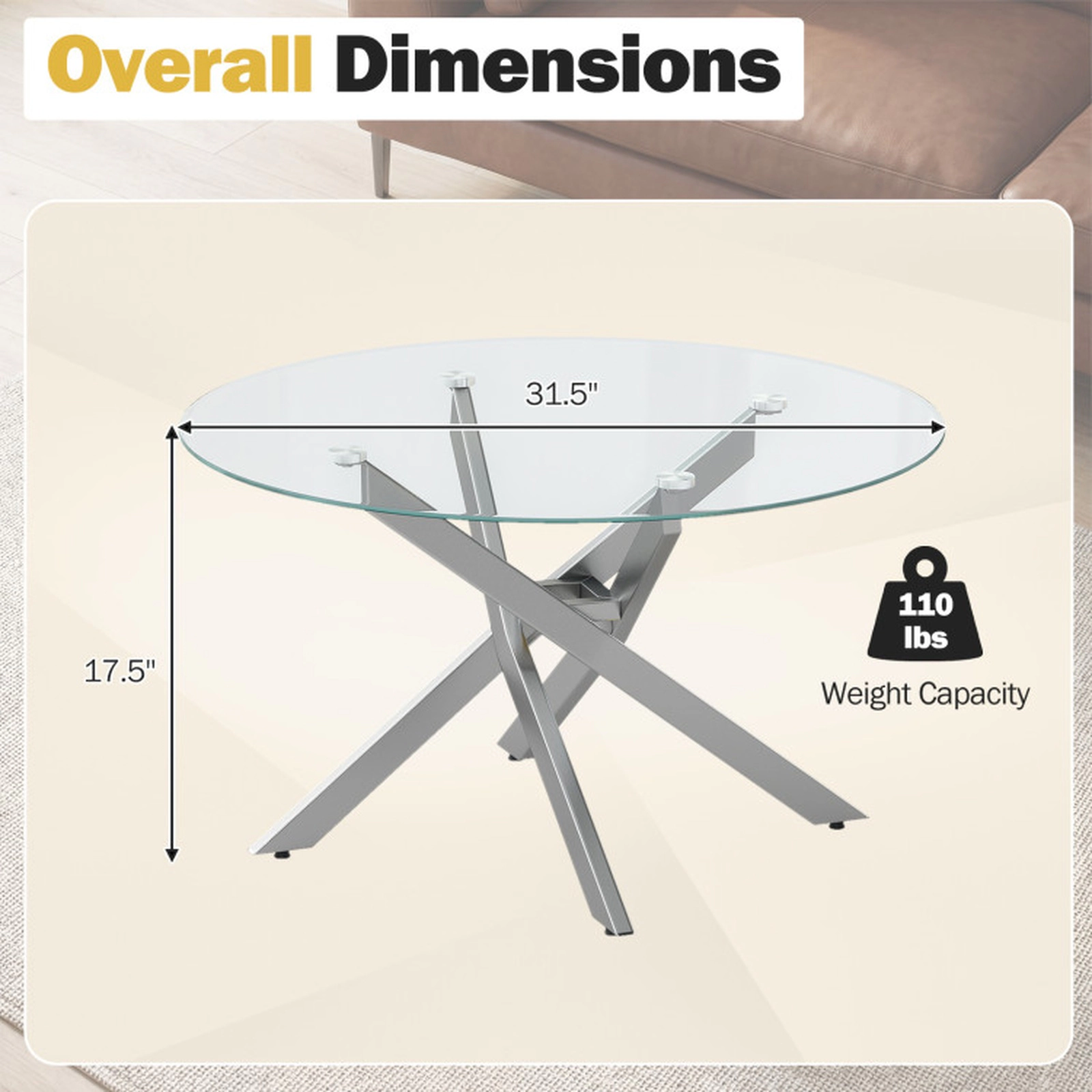 SUGIFT Round Tempered Glass Coffee Table 110-lb Capacity Transparent & Gold or Transparent & Silver