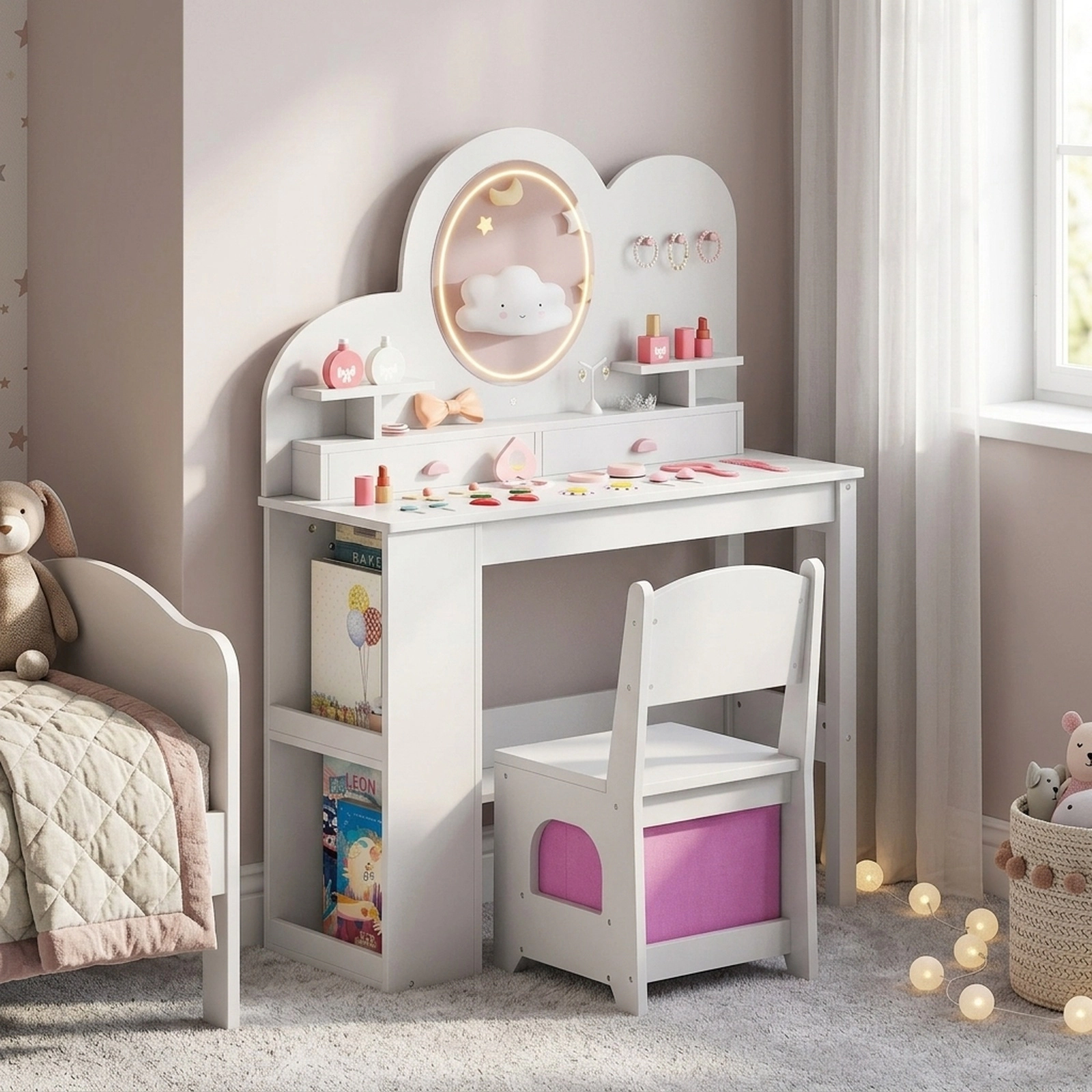 SUGIFT Kids Vanity Set White with Lighted Mirror 2 Drawers and 2-Tier Bookshelf