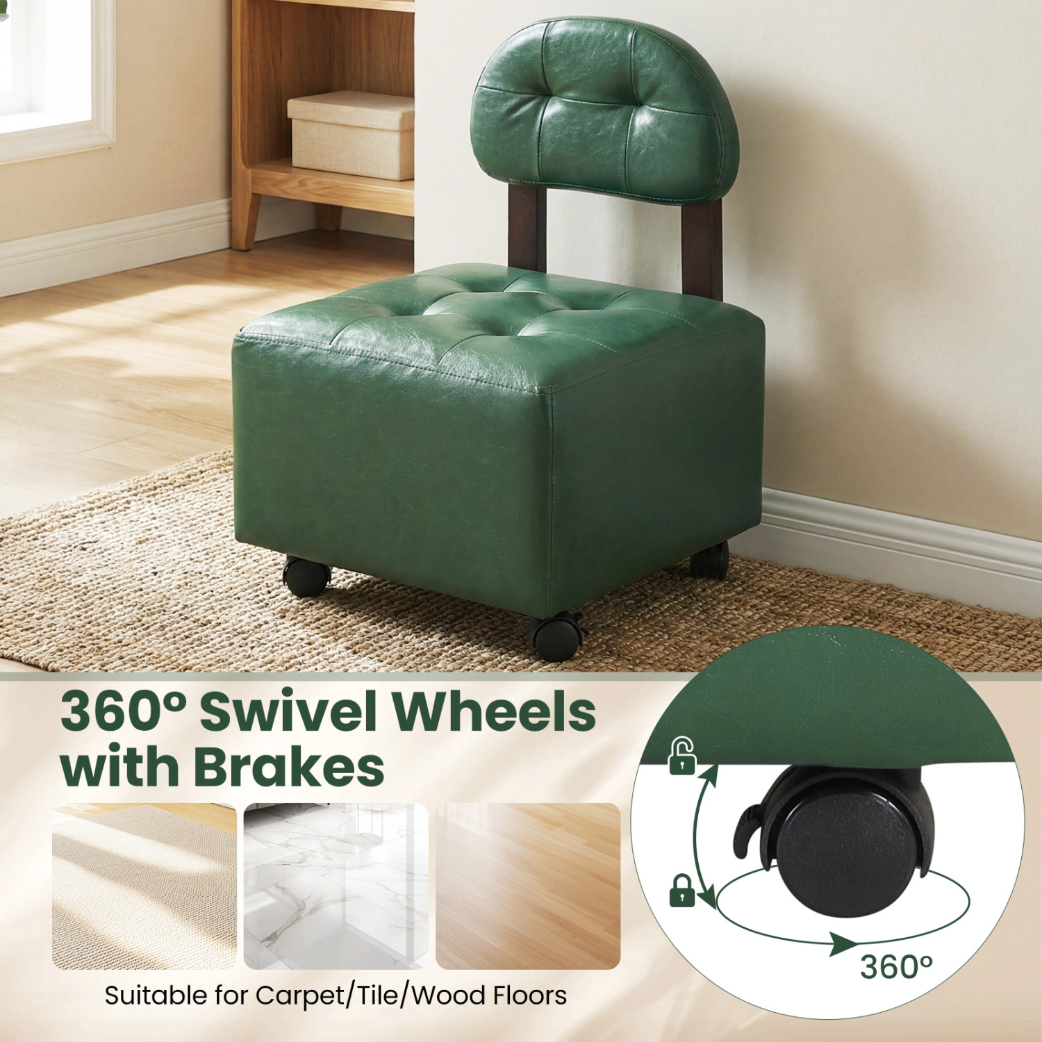 Glintex 2-Piece Rolling Footstool Set with Backrests and Lockable Wheels, Green