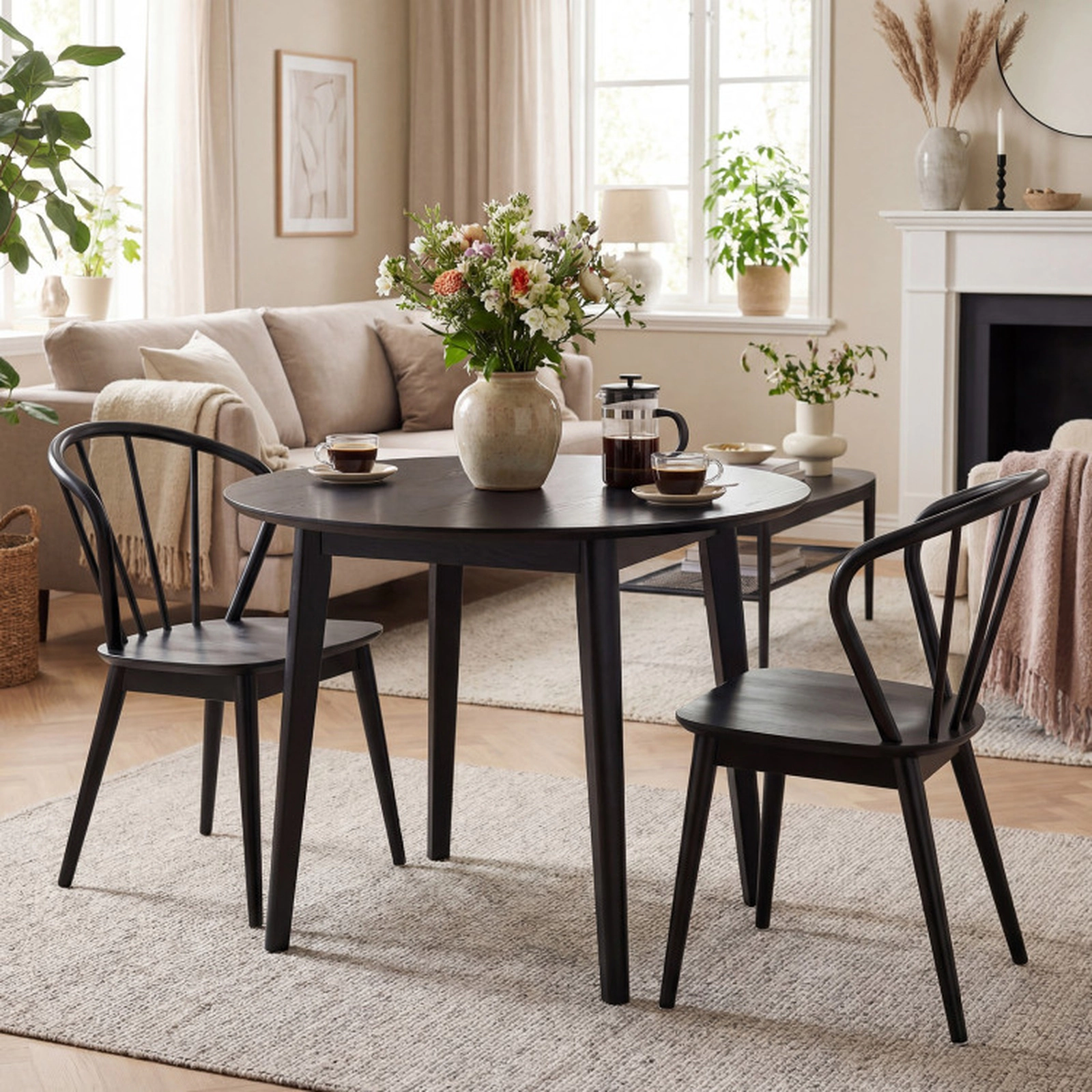 SUGIFT Set of 2 Retro Wooden Spindle-Back Dining Chairs, Wide Seat, Walnut and Black