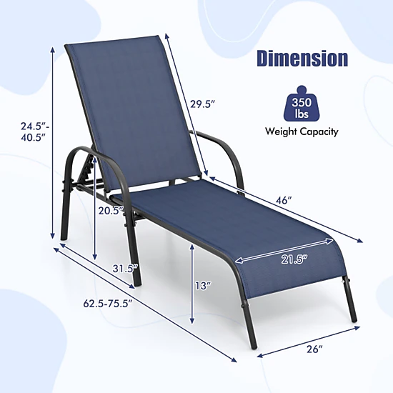 Hivvago 2 Pcs Outdoor Patio Lounge Chair Chaise Fabric With Adjustable Reclining Armrest-Navy
