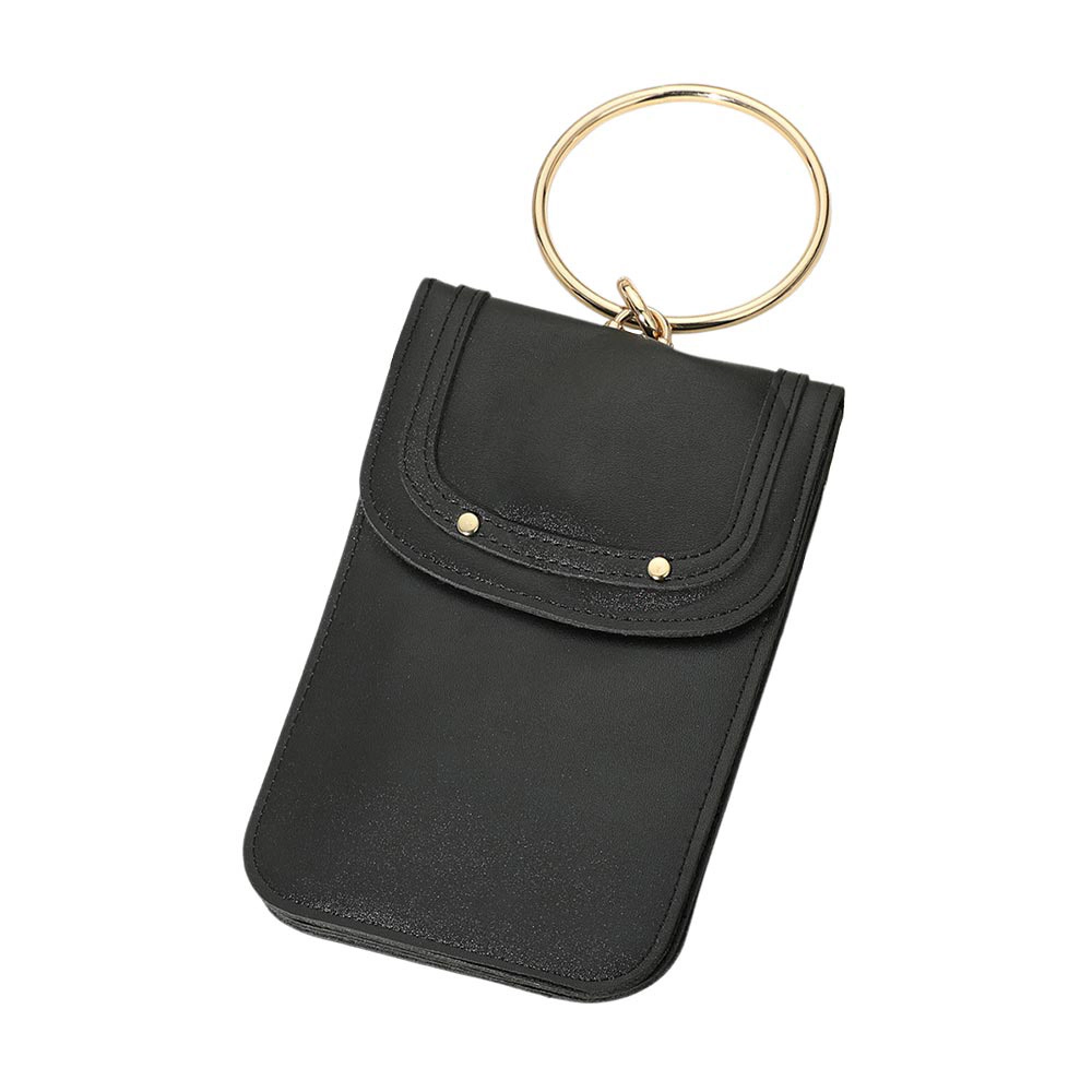 FASHNZFAB Metal Ring Handle Faux Leather Mini Phone Pouch Clutch Bag / Crossbody Bag