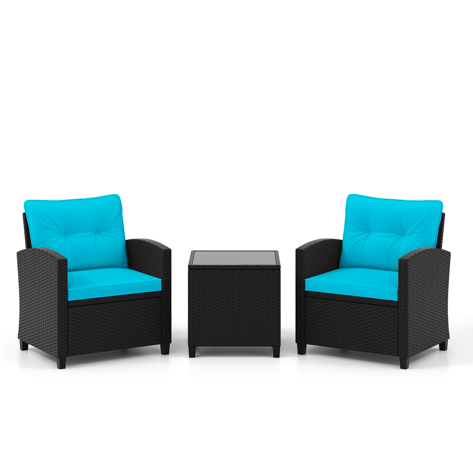 SUGIFT 3-Piece Black Rattan Patio Conversation Set with 2 Cushioned Chairs and Tempered Glass Table