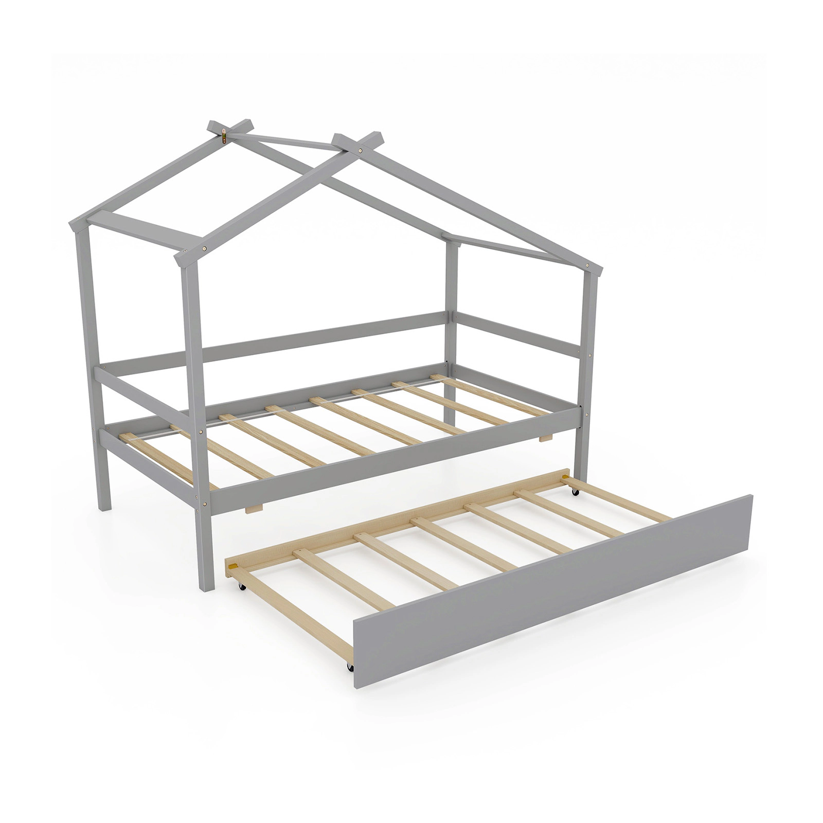 SUGIFT Kids Twin Size House Bed with Trundle and Roof 200-lb Capacity Gray