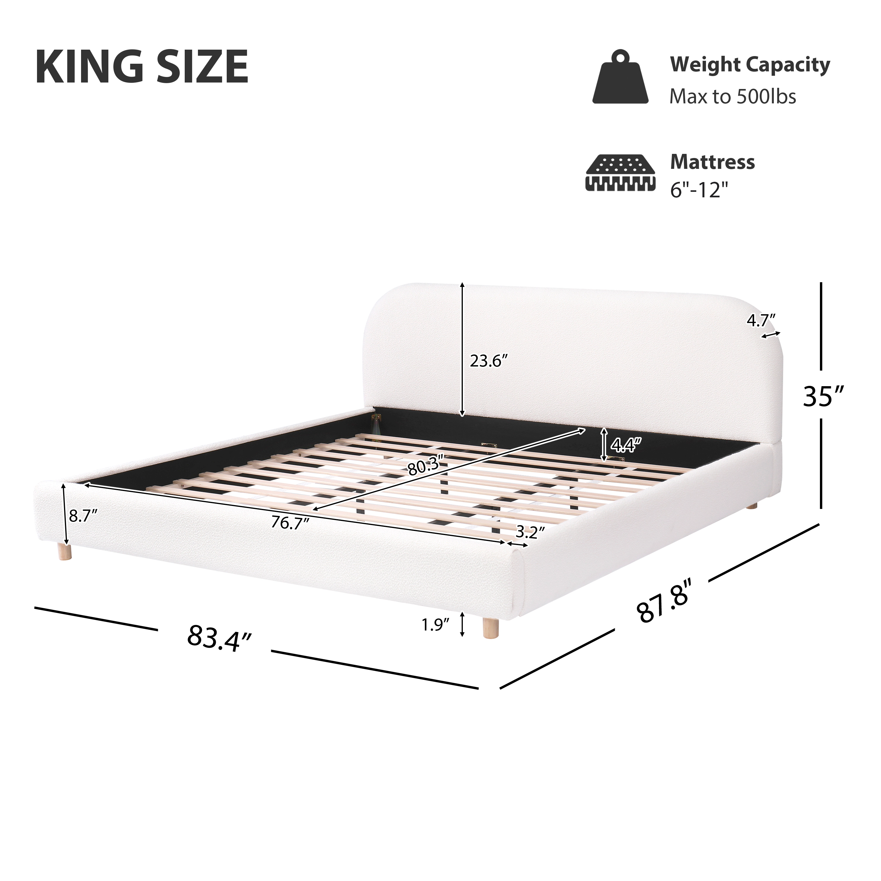 Flynama King Boucle Upholstered Platform Bed, Curved Headboard, White, Easy Assembly