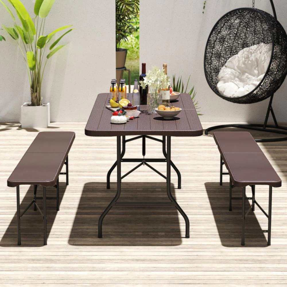 Hivvago 6 Feet Folding Table With Wood Grain Hdpe Tabletop And Safe Lock Mechanism