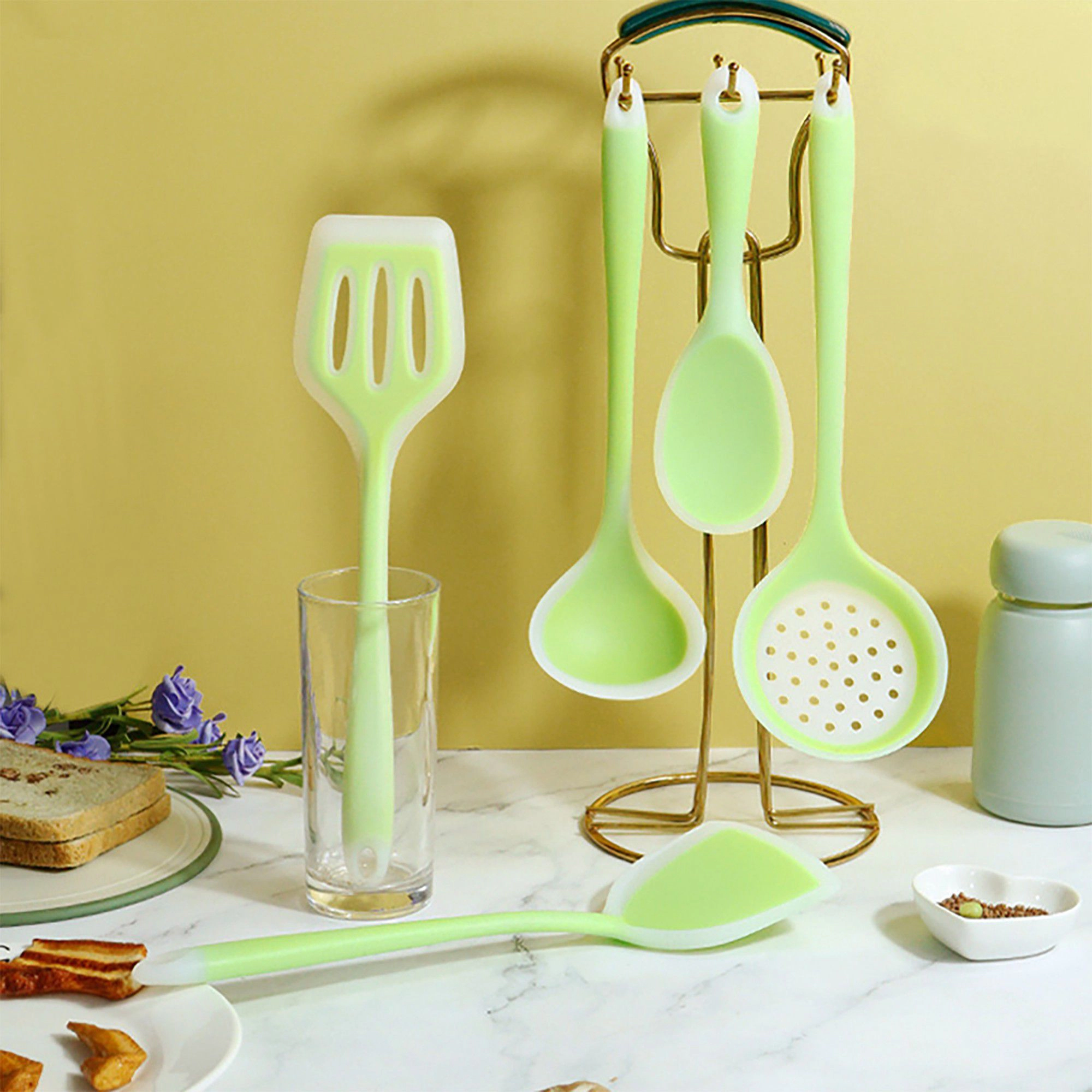 Alilang Women 5-Piece Silicone Kitchen Utensil Set with Spoon, Spatula and Strainer