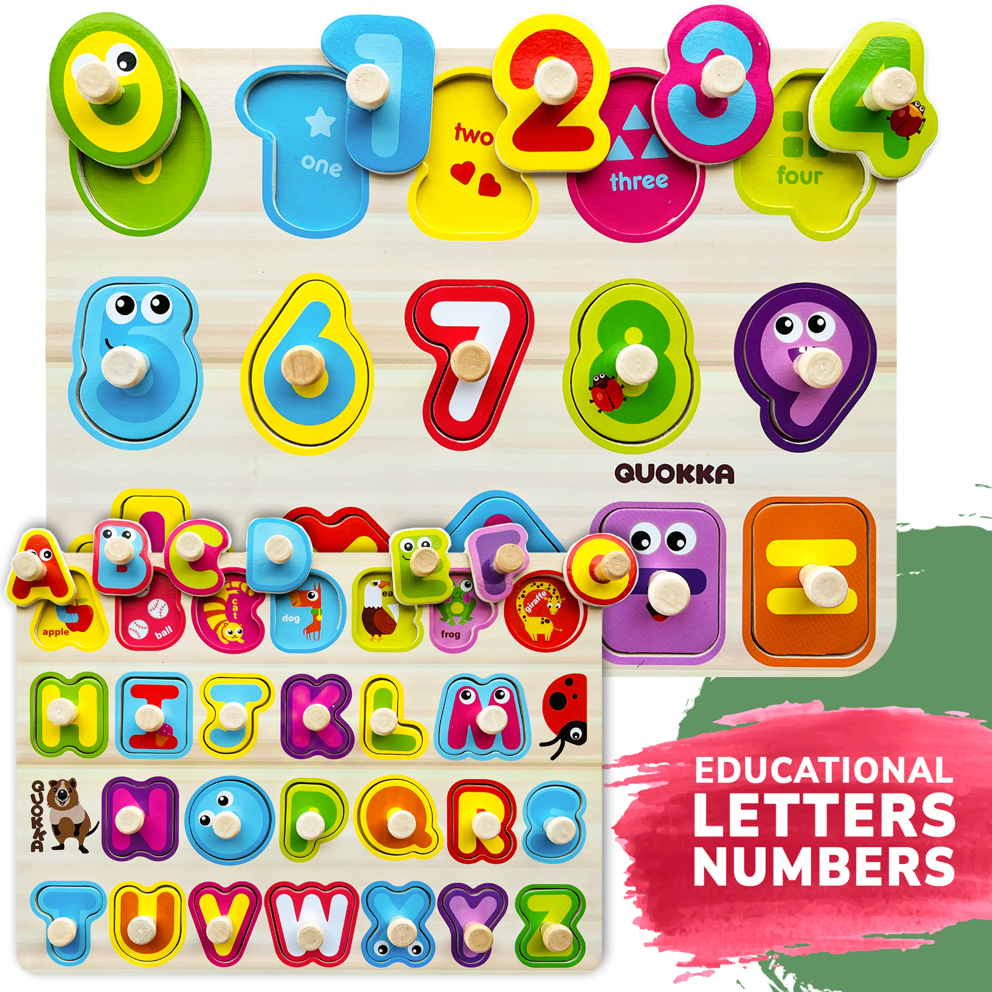 QUOKKA Wooden Puzzle Set for Toddlers Ages 1–4, Alphabet, Numbers & Animal Puzzles, 6–8 Pack