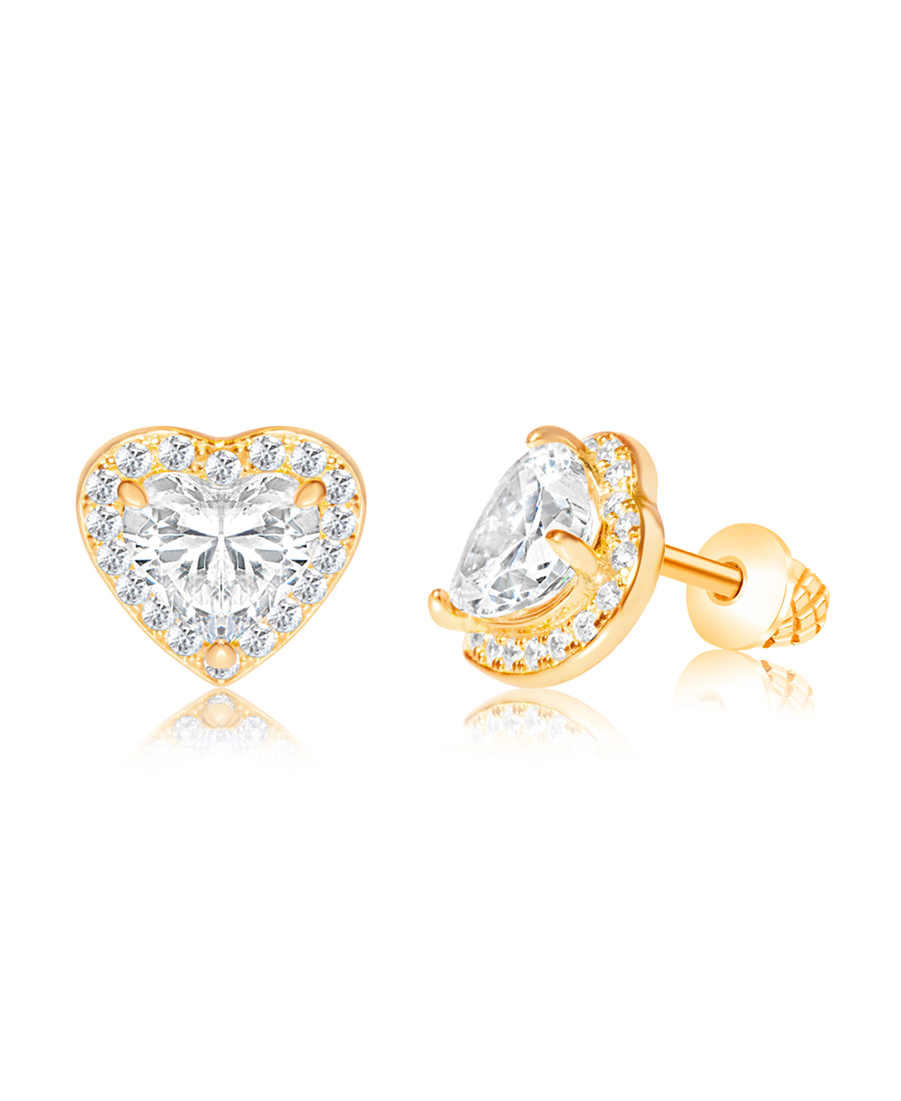 CHANTEUR Kids Heart Crystal Stud Earrings - Yellow Gold Brass, Screw Back, Hypoallergenic