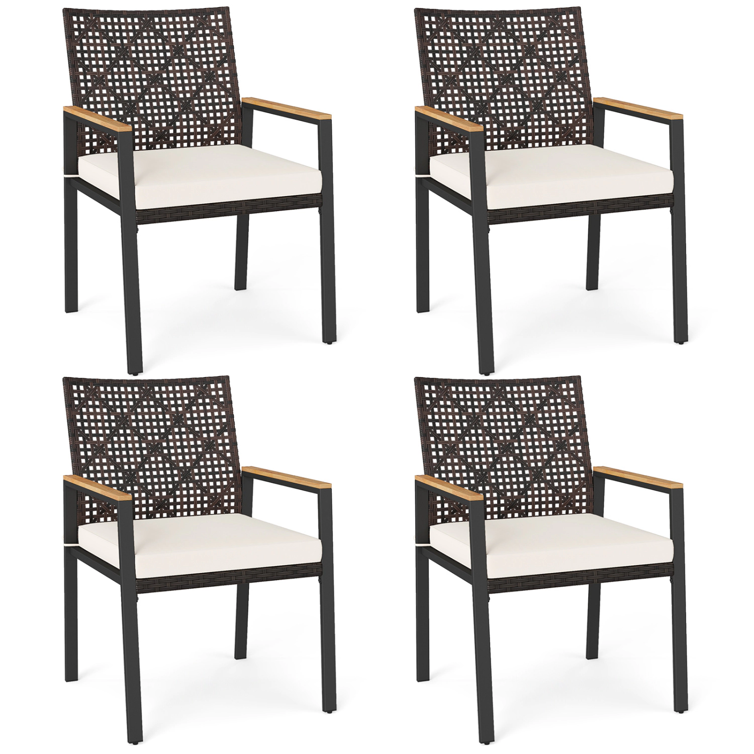 LJG Hand-Woven PE Patio Dining Chairs Set of 4 with Acacia Wood Armrests for Yard