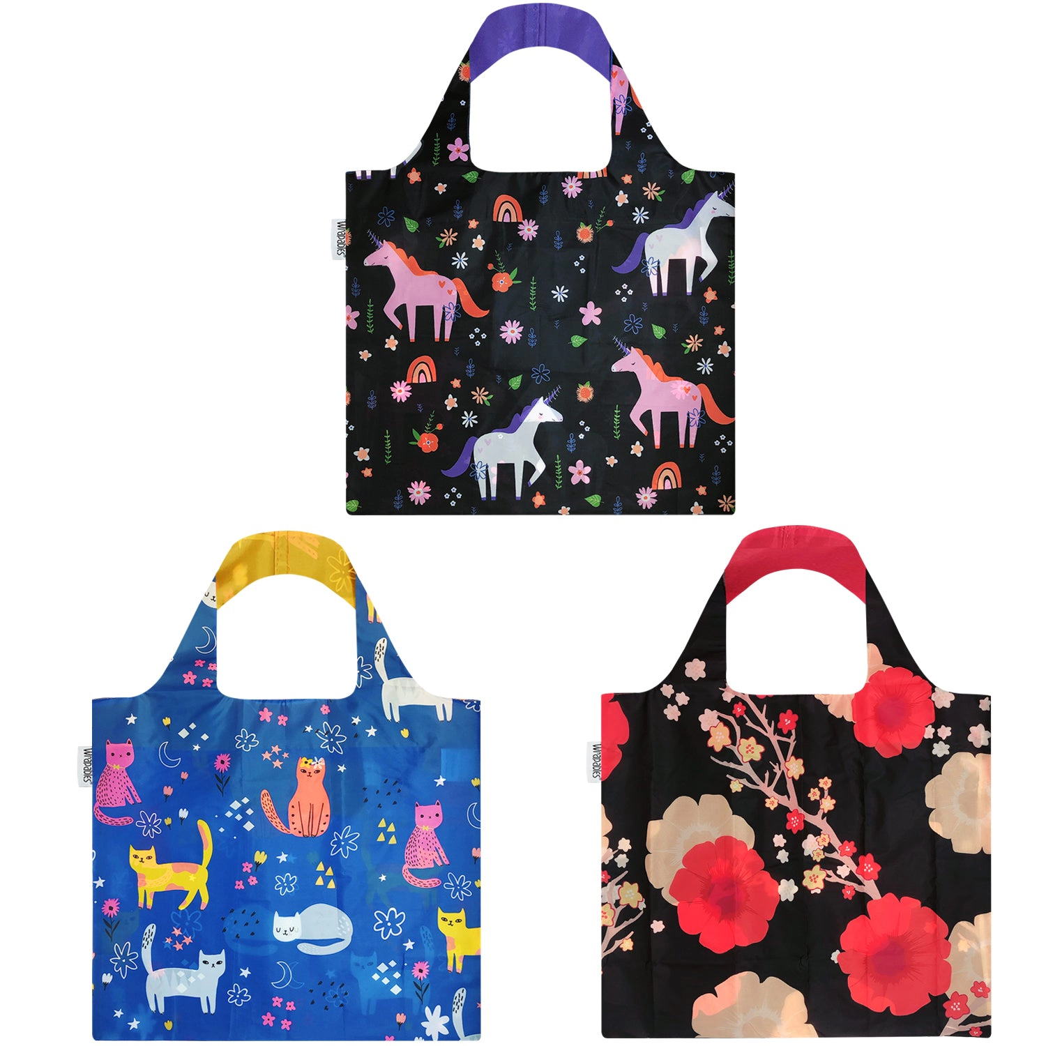 Wrapables Large Reusable Shopping Bag for Groceries with Outer Pouch (Set of 3), Kitties, Unicorns, Floral