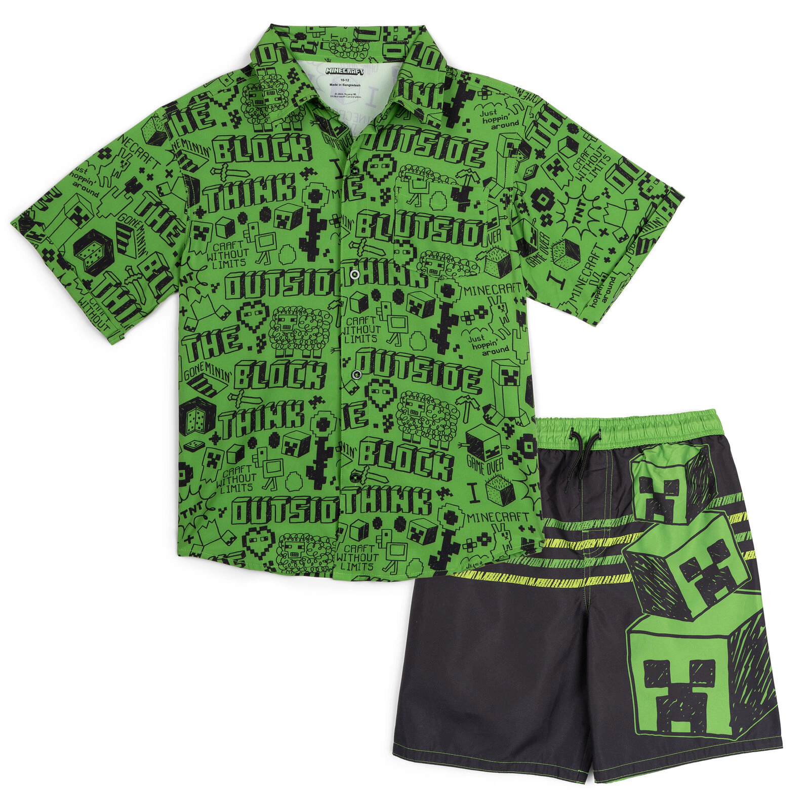 Minecraft Creeper Boys' Swimwear Camp Shirt and Swim Trunks Set