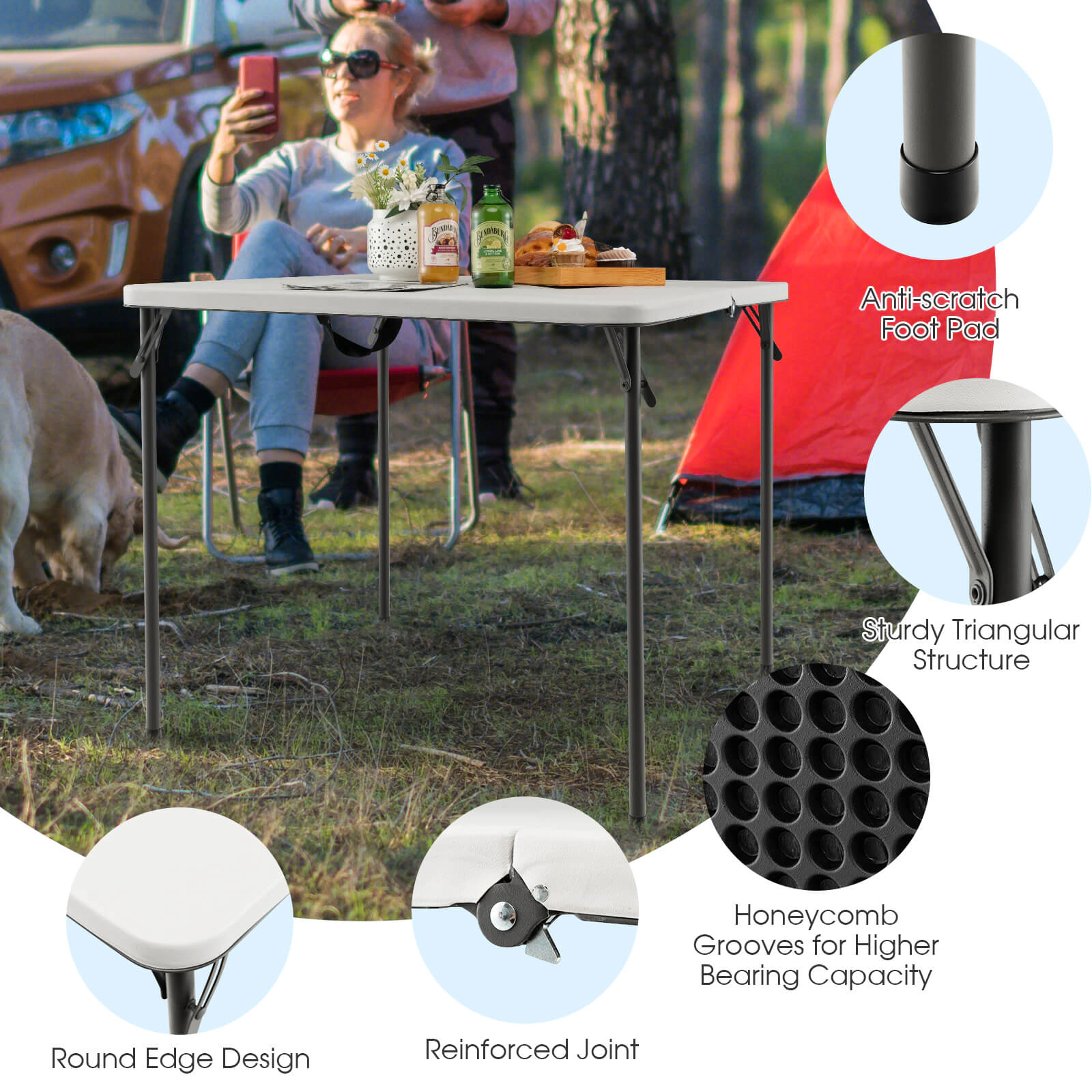 SUGIFT 34-Inch Square Folding Outdoor Camping Table, HDPE Top, Rustproof Steel Frame
